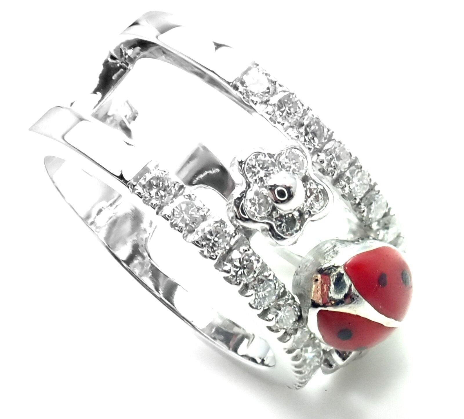 Authentic! Aaron Basha 18k White Gold Diamond Red Enamel Ladybug Band Ring | Fortrove