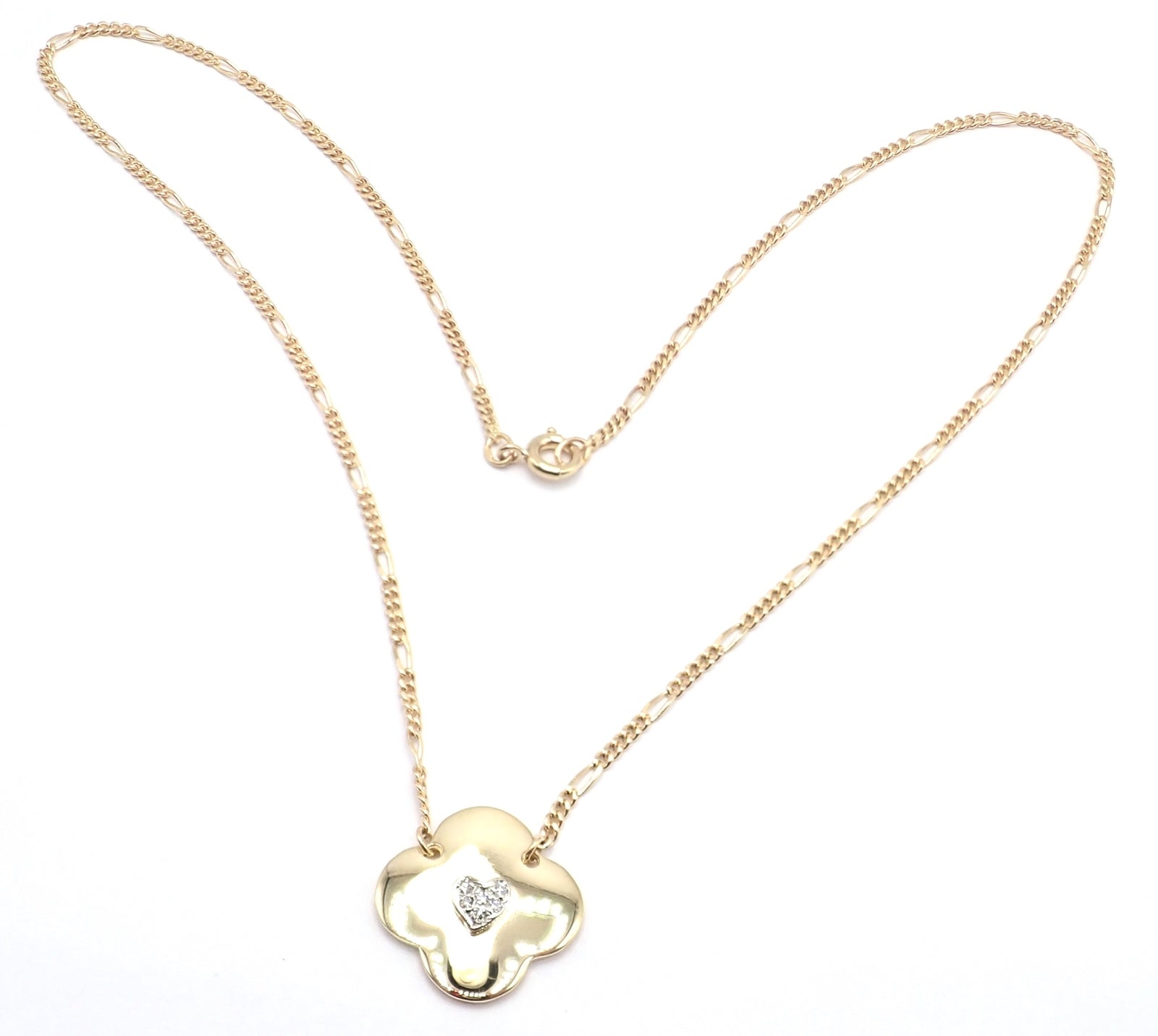 Authentic! Vintage Cartier 18k Yellow Gold Diamond Heart Clover Pendant Necklace | Fortrove