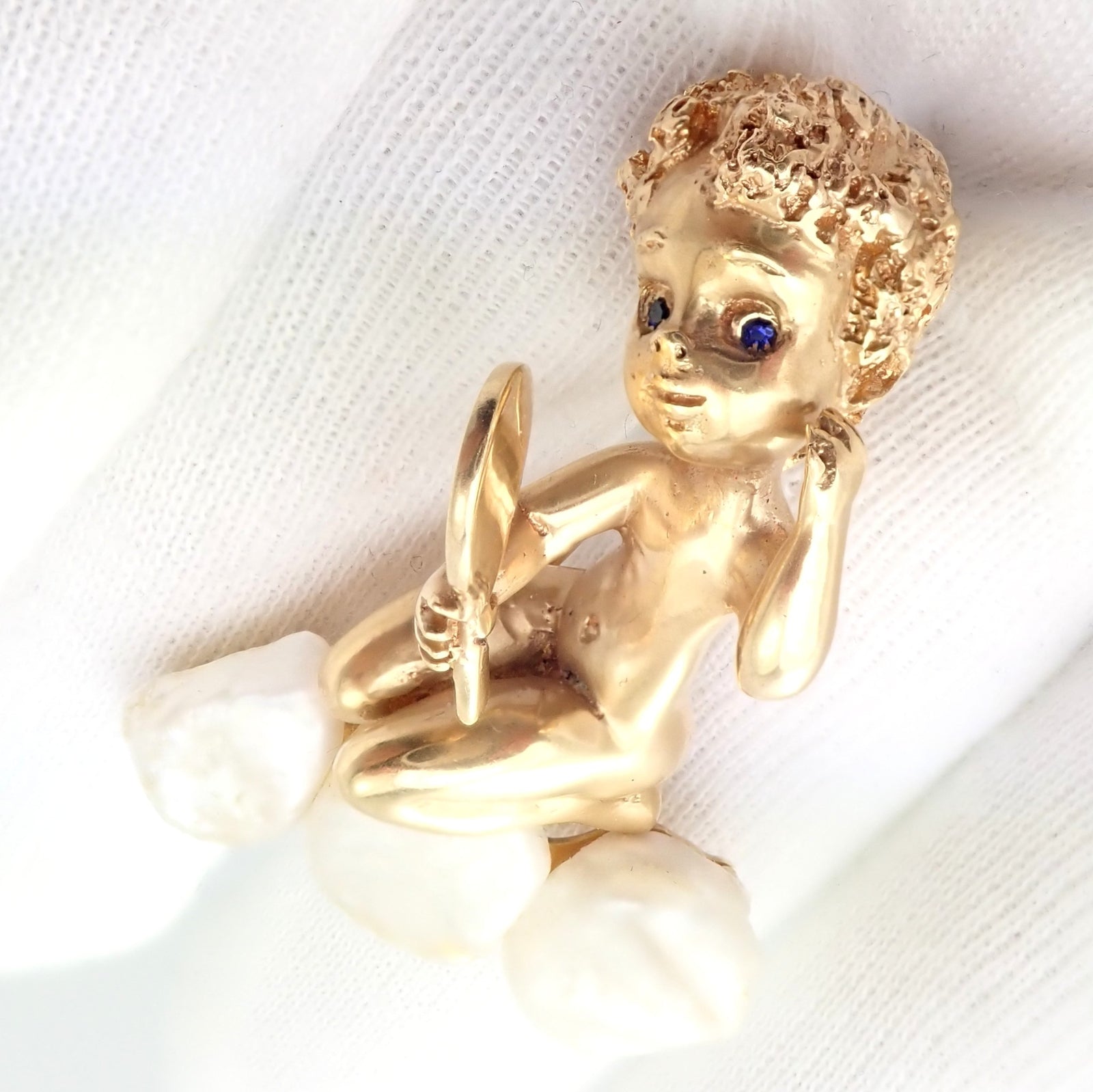 Rare Large Ruser 14k Yellow Gold Sapphire Pearl Mondays Child Pin Brooch | Fortrove