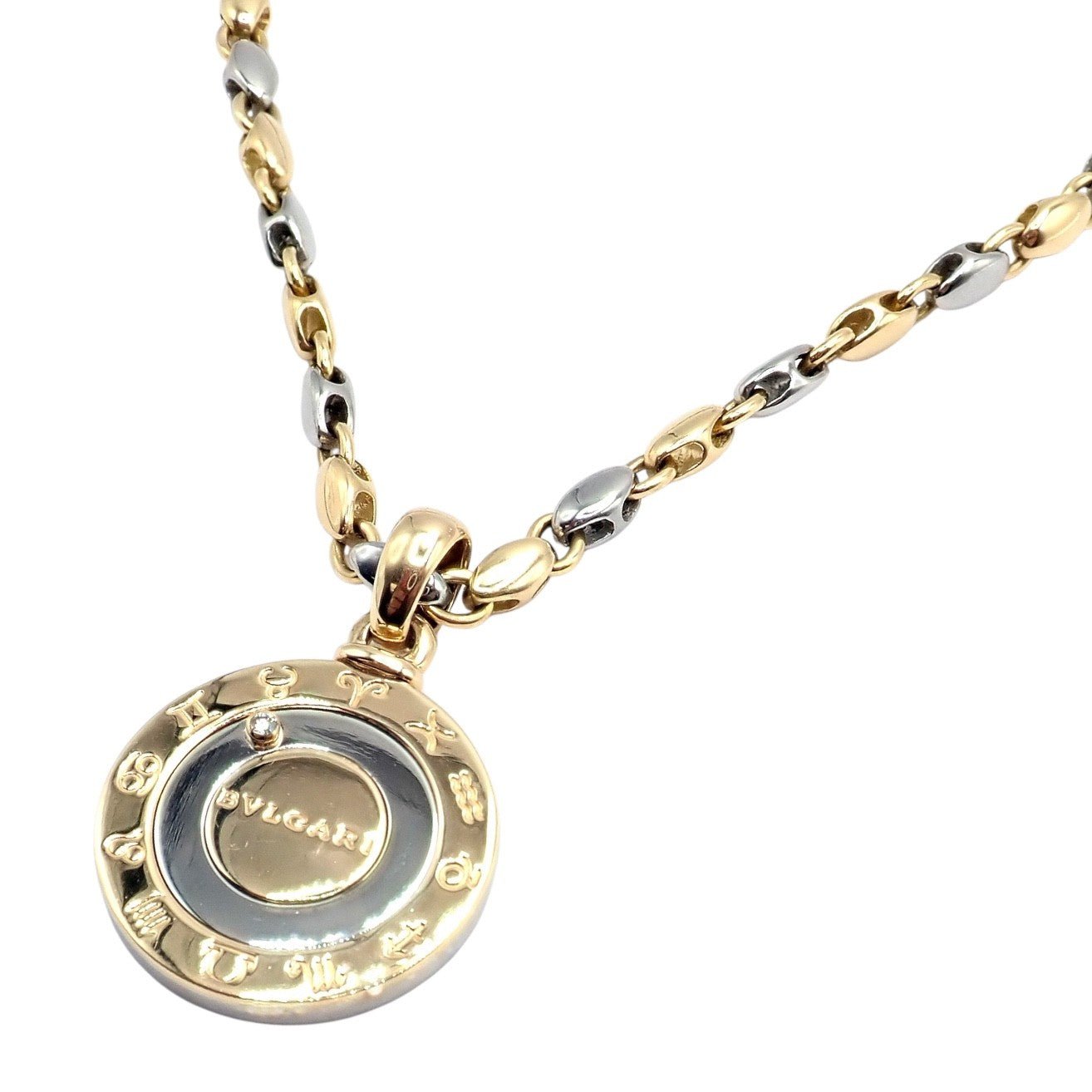 Authentic! Bulgari Bvlgari 18k Yellow Gold Steel Diamond Zodiac Pendant Necklace | Fortrove
