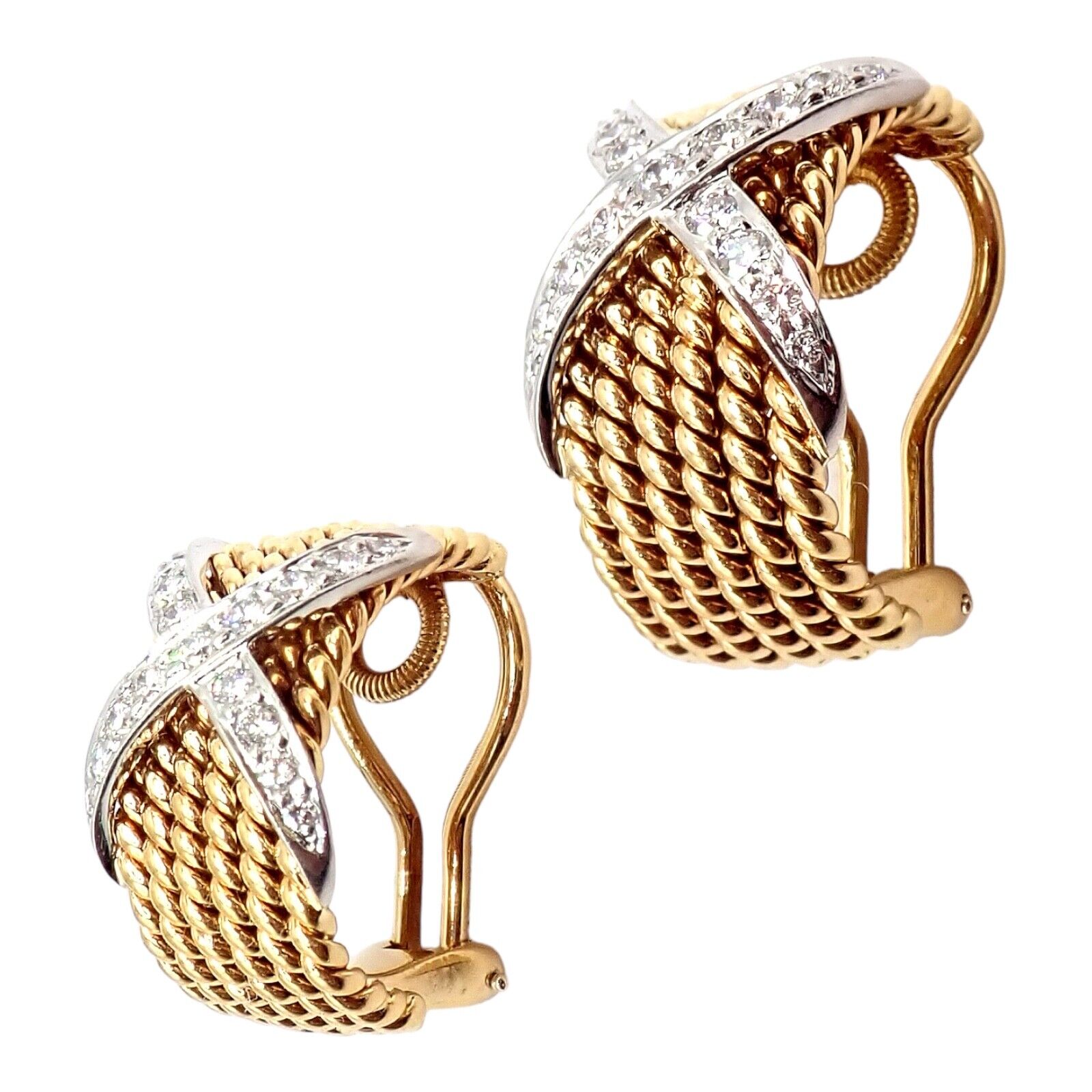 Tiffany & Co Schlumberger 18k Yellow Gold Platinum Diamond 6 Row Rope X Earrings | Fortrove