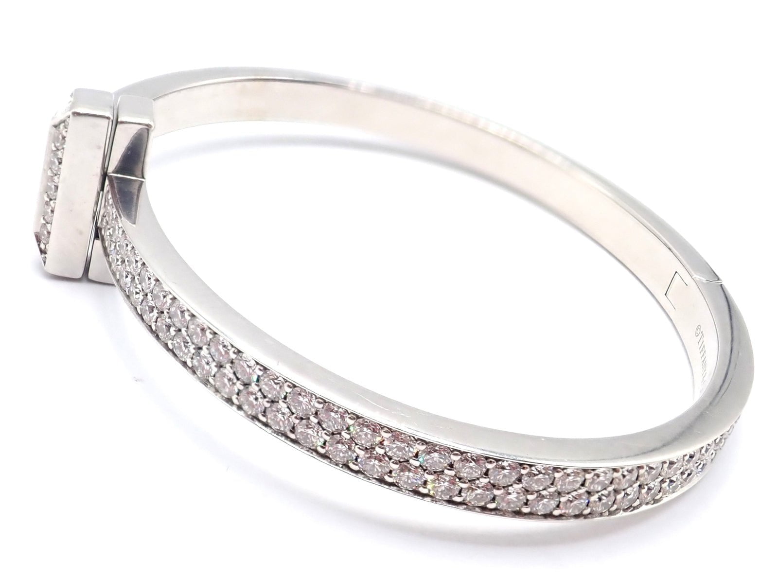 Authentic! Tiffany & Co 18k White Gold Diamond T1 Wide Hinged Bangle Bracelet | Fortrove