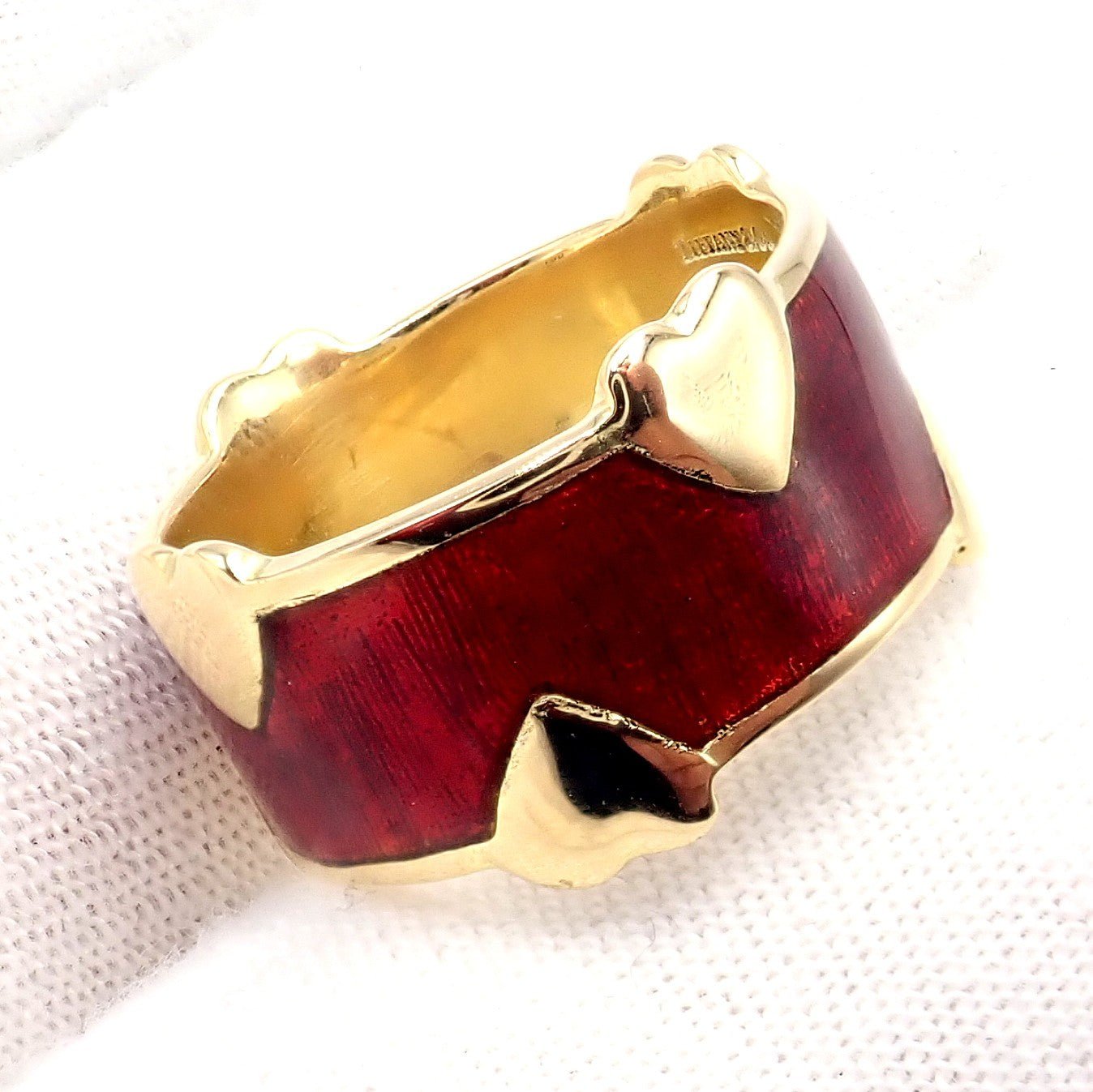 Tiffany & Co Schlumberger 18k Yellow Gold Red Enamel Heart Band Ring sz 6 | Fortrove