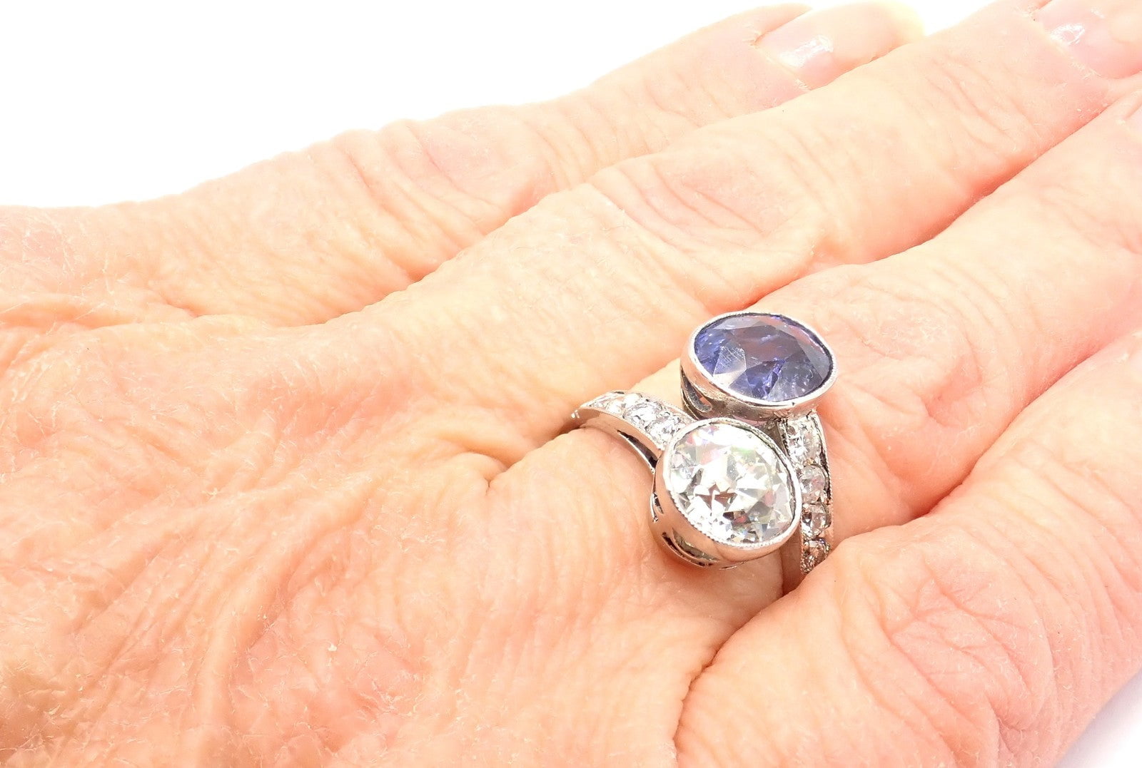 Estate Jewelry & Watches:Vintage & Antique Jewelry:Rings Vintage Estate Platinum Diamond Sapphire Art Deco Crossover Ring