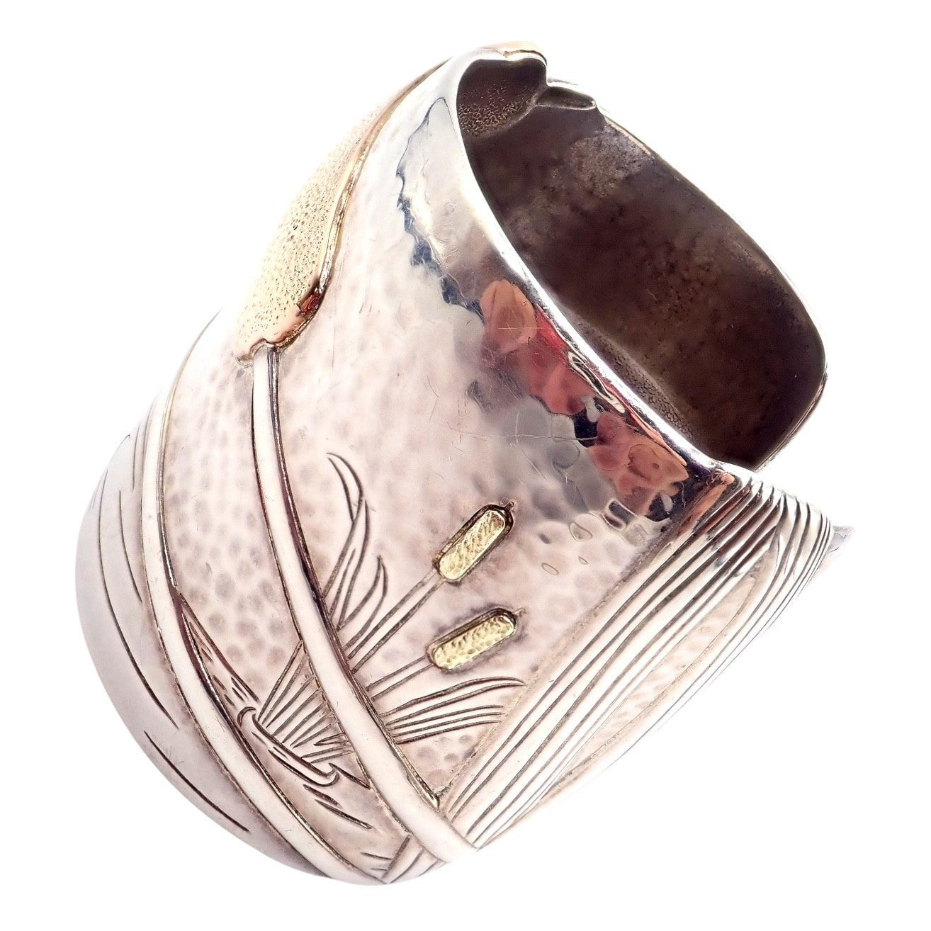 Vintage Tiffany & Co 18k Yellow Gold Silver Cattail Nature Cuff Bracelet 2001 | Fortrove