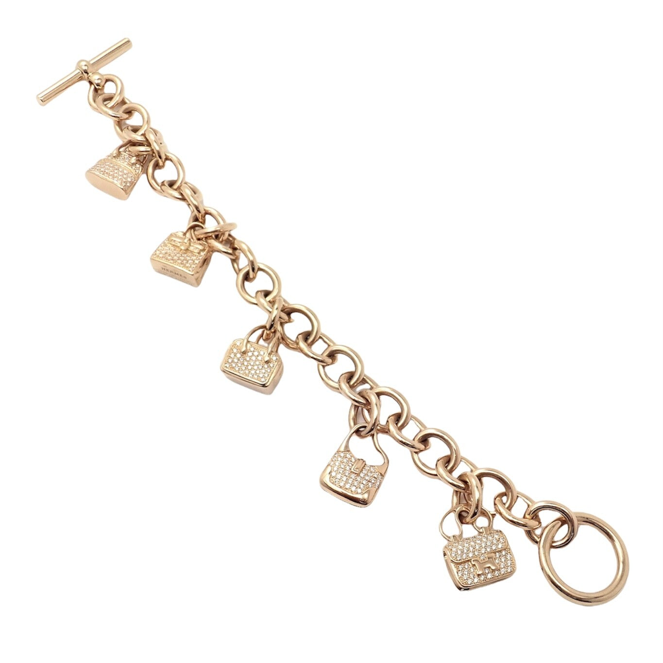 Authentic! Hermes 18k Rose Gold Diamond Signature Iconic Bag Charm Link Bracelet | Fortrove