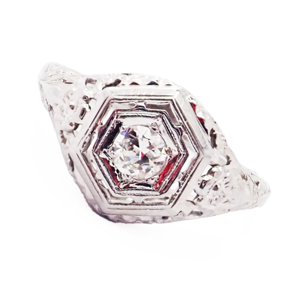 Estate Jewelry & Watches:Vintage & Antique Jewelry:Rings Vintage Estate Platinum Diamond Art Deco Filigree Ring