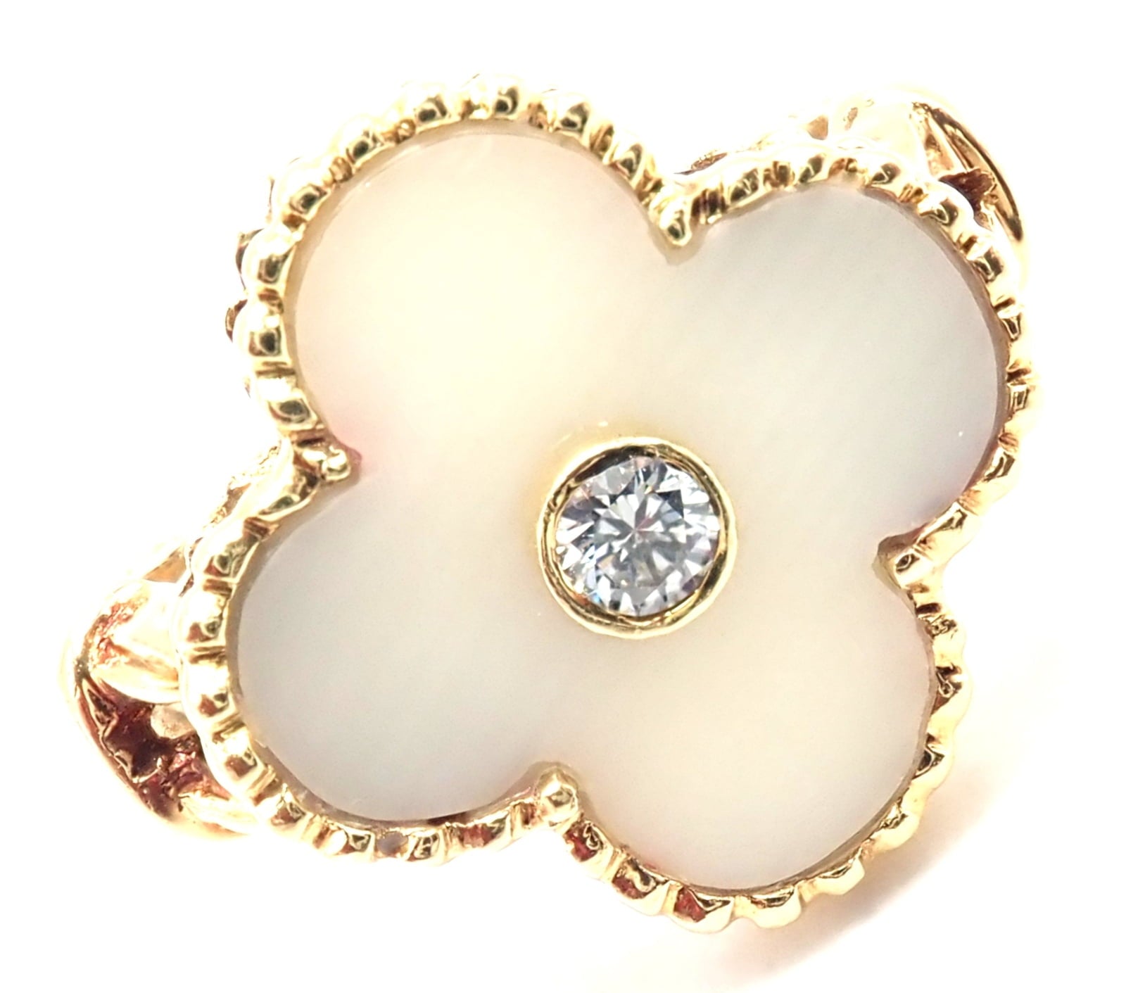 Van Cleef & Arpels Vintage Alhambra 18k Yellow Gold Diamond White Coral Ring | Fortrove