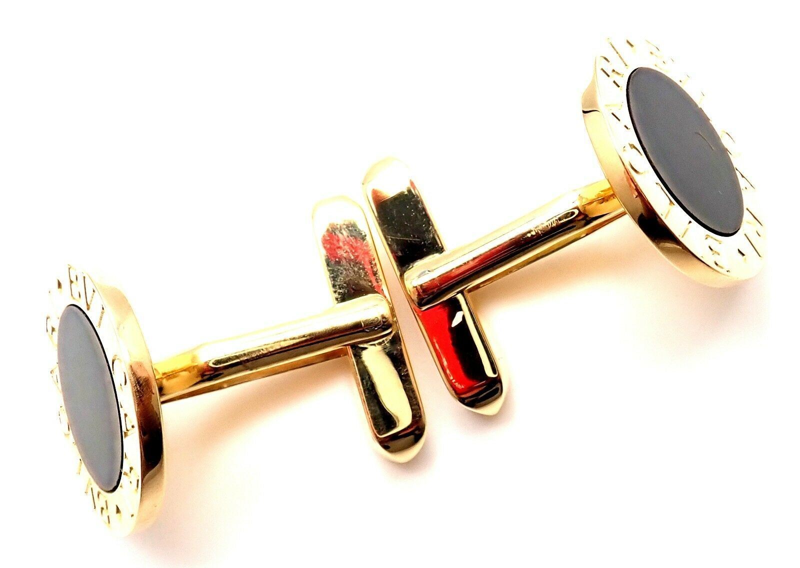Authentic! Bvlgari Bulgari 18k Yellow Gold Black Onyx Cufflinks | Fortrove