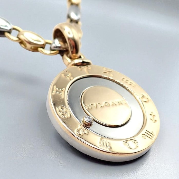 Bulgari Jewelry & Watches:Fine Jewelry:Necklaces & Pendants Authentic! Bulgari Bvlgari 18k Yellow Gold Steel Diamond Zodiac Pendant Necklace