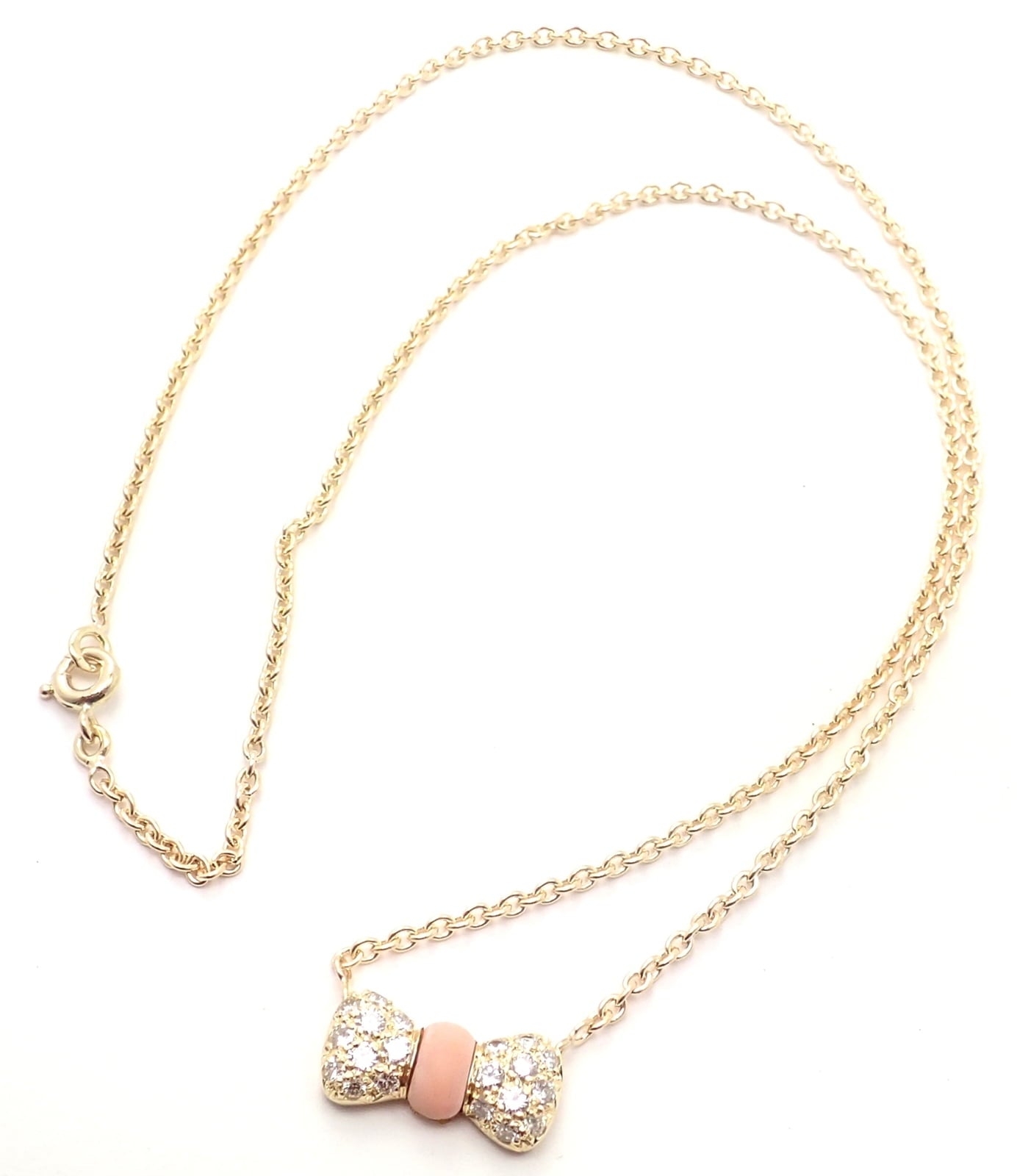 Authentic! Van Cleef & Arpels 18k Yellow Gold Diamond Coral Bow Pendant Necklace | Fortrove