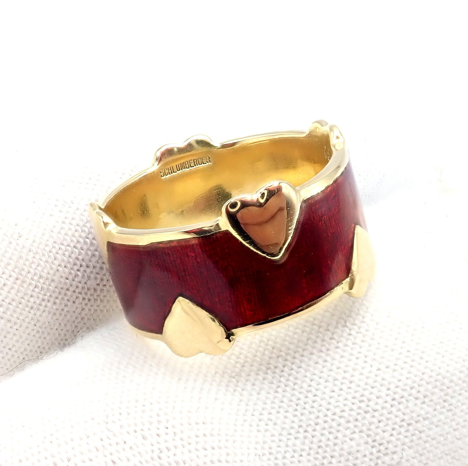 Tiffany & Co Schlumberger 18k Yellow Gold Red Enamel Heart Band Ring sz 6 | Fortrove