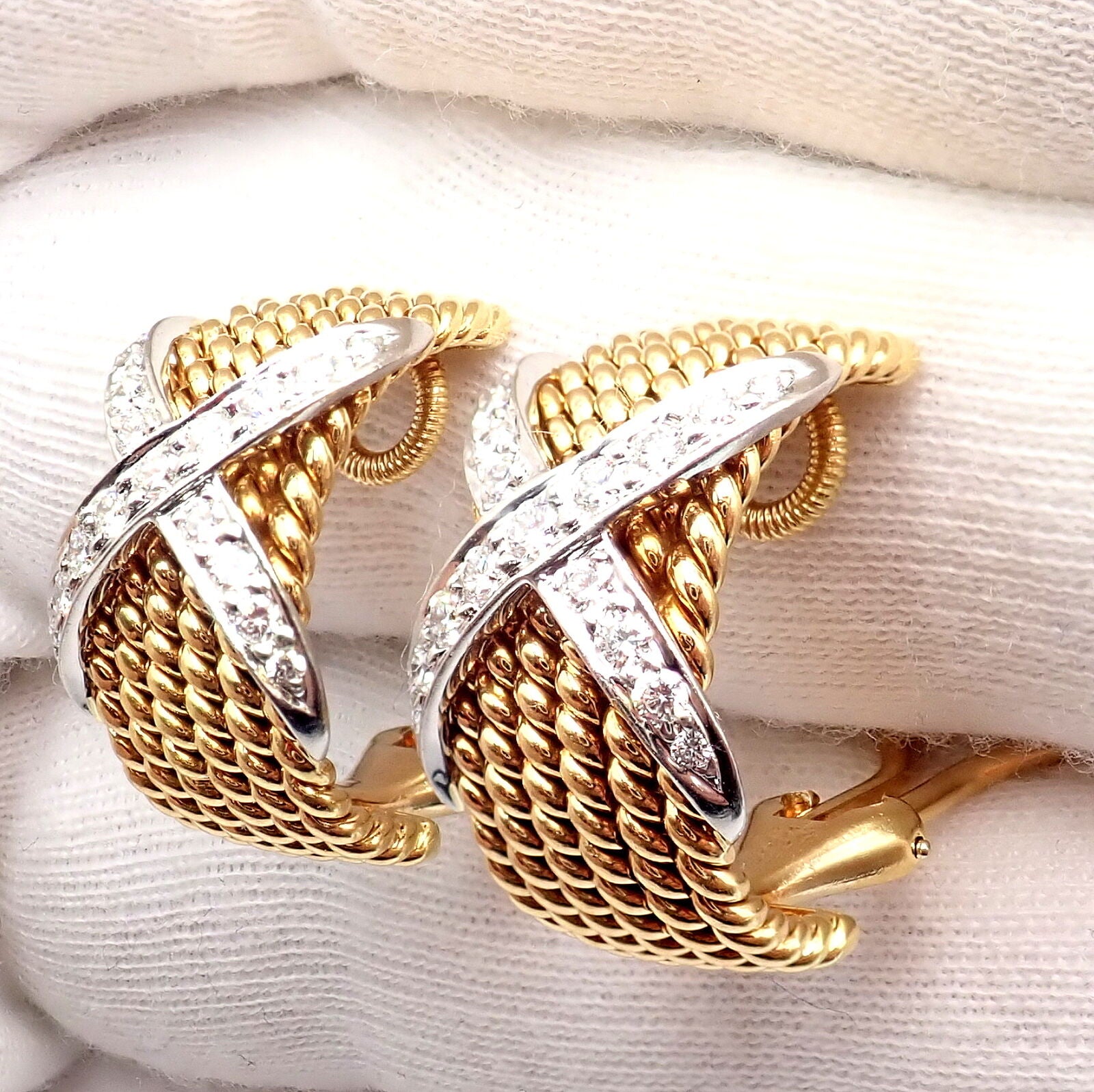 Tiffany & Co Schlumberger 18k Yellow Gold Platinum Diamond 6 Row Rope X Earrings | Fortrove