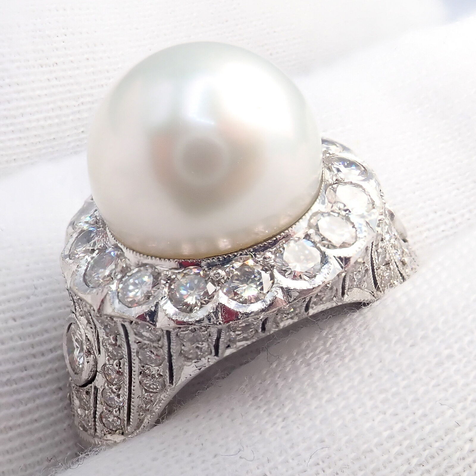 Estate Jewelry & Watches:Vintage & Antique Jewelry:Rings Vintage Estate 18k White Gold Diamond 12.5mm Pearl Cocktail Ring