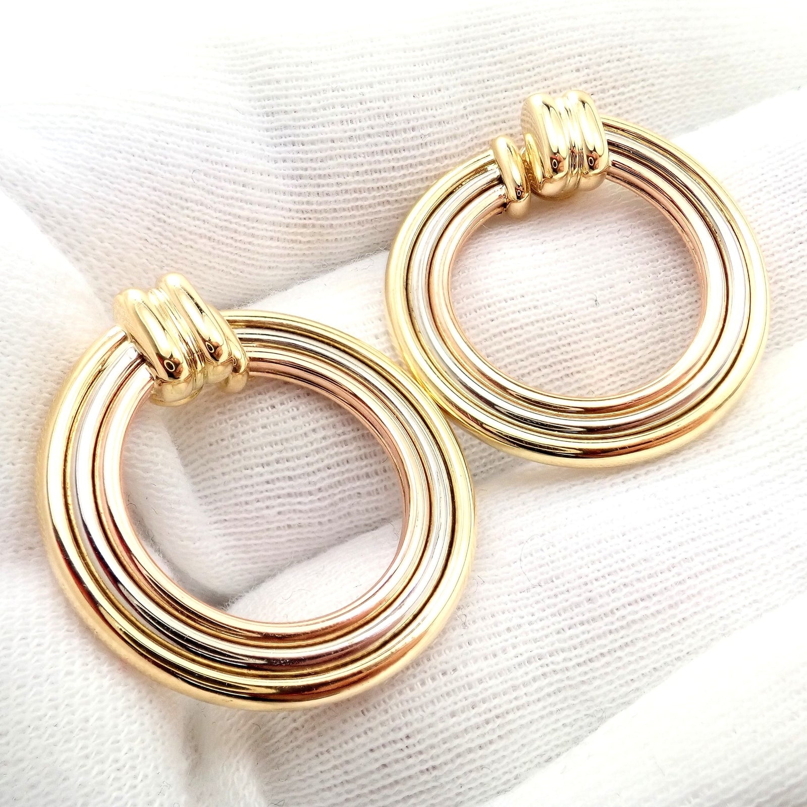 Cartier Jewelry & Watches:Fine Jewelry:Earrings Authentic! Cartier 18k Tri-Color Gold Large Trinity Hoop Earrings