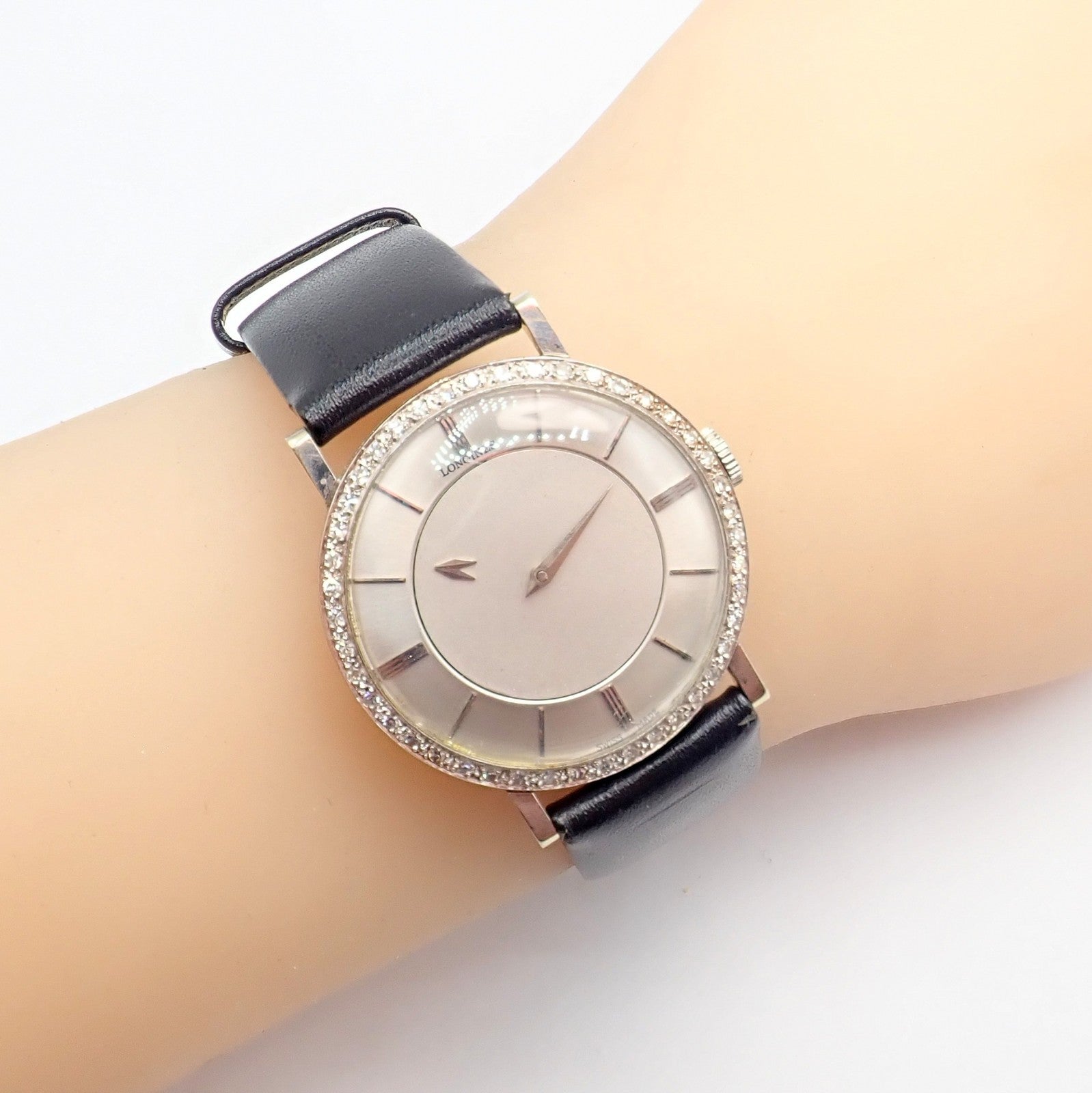 Longines Jewelry & Watches:Watches, Parts & Accessories:Watches:Wristwatches Vintage Longines 18k White Gold Diamond Bezel Manual Wind Mystery Dial Watch
