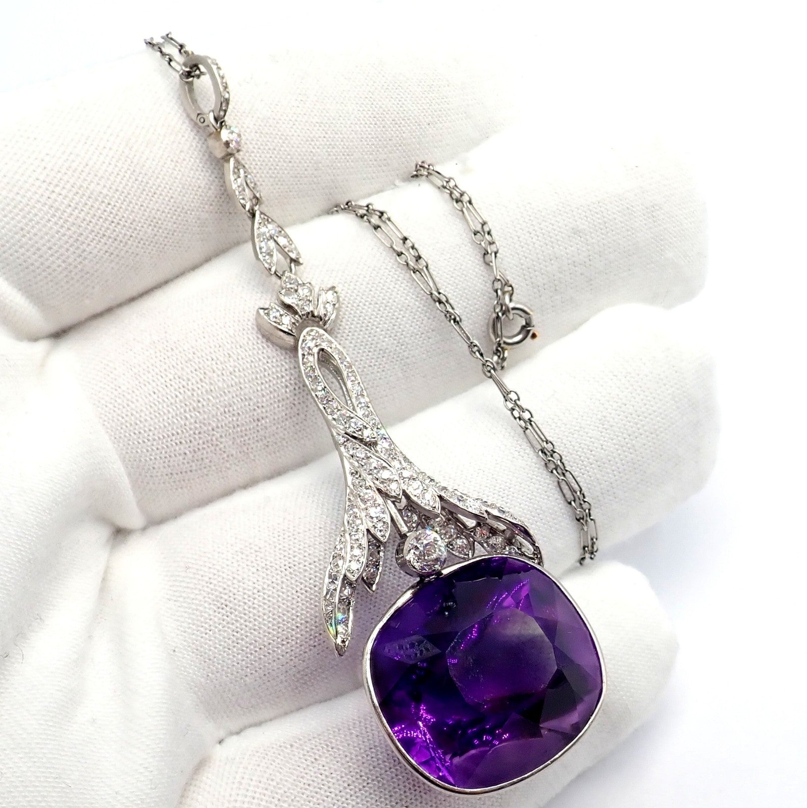 Estate Jewelry & Watches:Fine Jewelry:Necklaces & Pendants Vintage Estate Platinum Diamond Large Amethyst Art Deco Necklace