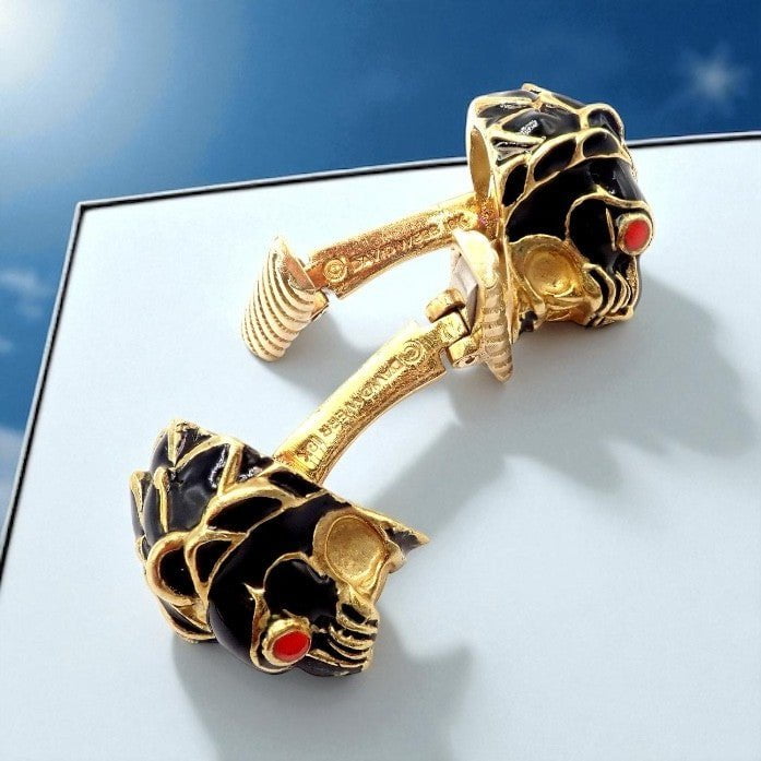 Vintage! David Webb 18k Yellow Gold Black Enamel Lion Cufflinks | Fortrove