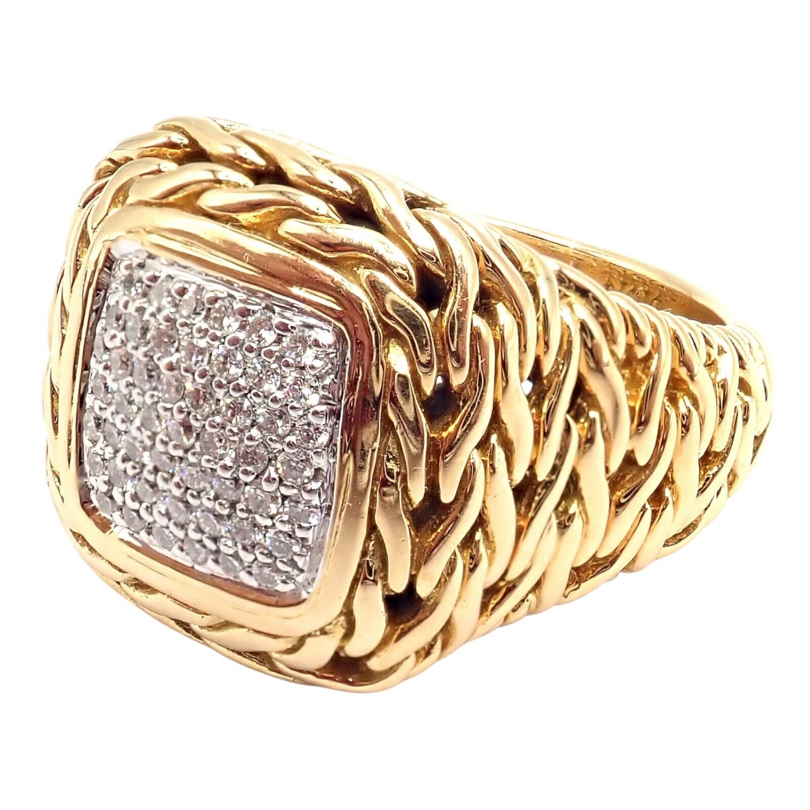 Authentic! John Hardy JH 18k Yellow Gold Diamond Square Signet Signature Ring | Fortrove