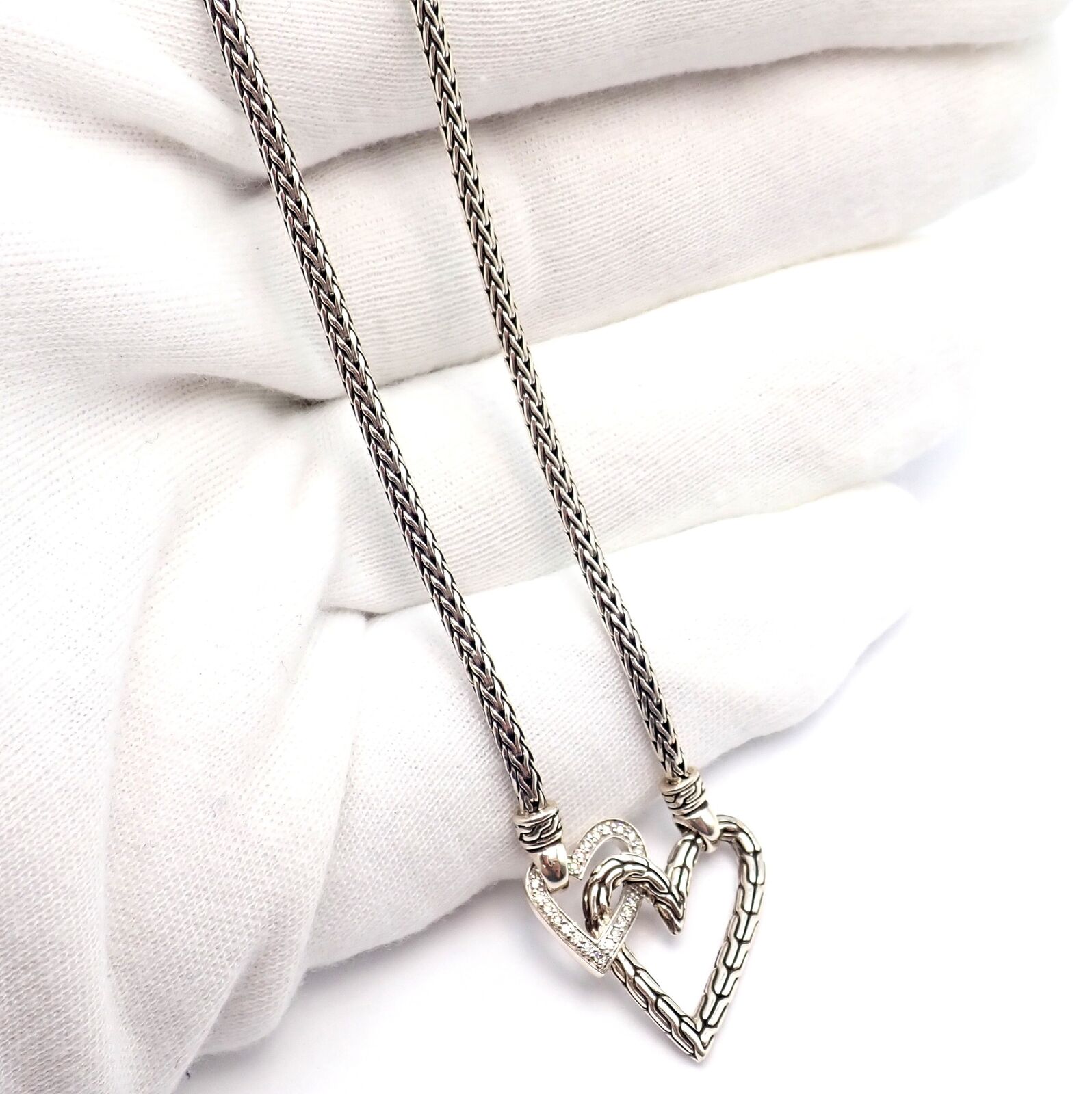 Authentic! John Hardy JH Silver Diamond Double Heart Manah Necklace | Fortrove