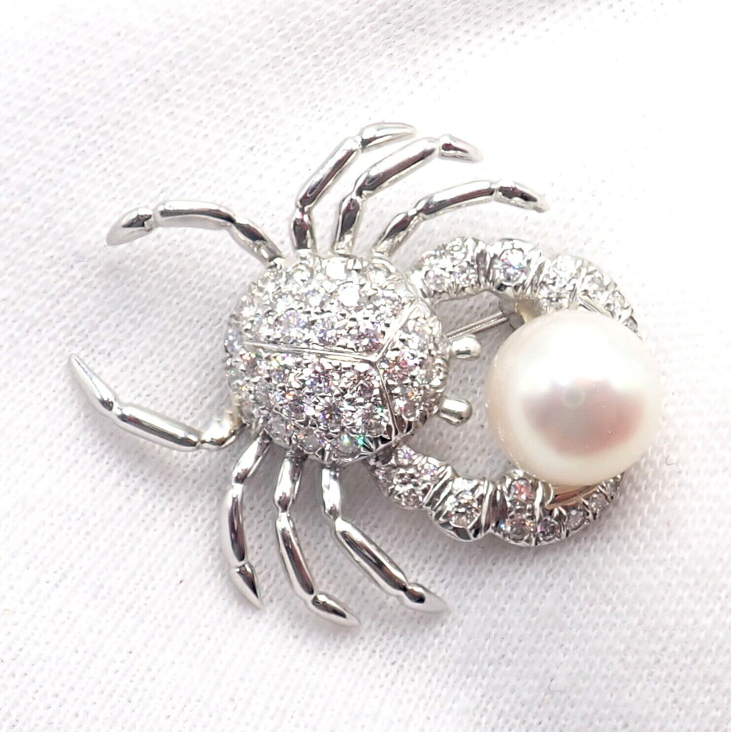 Rare! Authentic Tiffany & Co Platinum Crab 1.50ct Diamond 9mm Pearl Pin Brooch | Fortrove