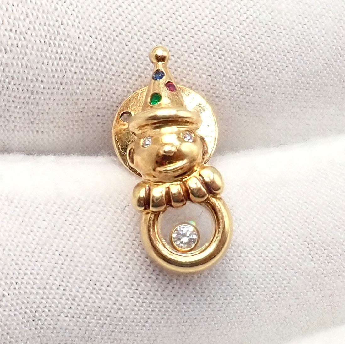 Authentic! Chopard 18k Yellow Gold Clown Happy Diamond Ruby Sapphire Pin Brooch | Fortrove