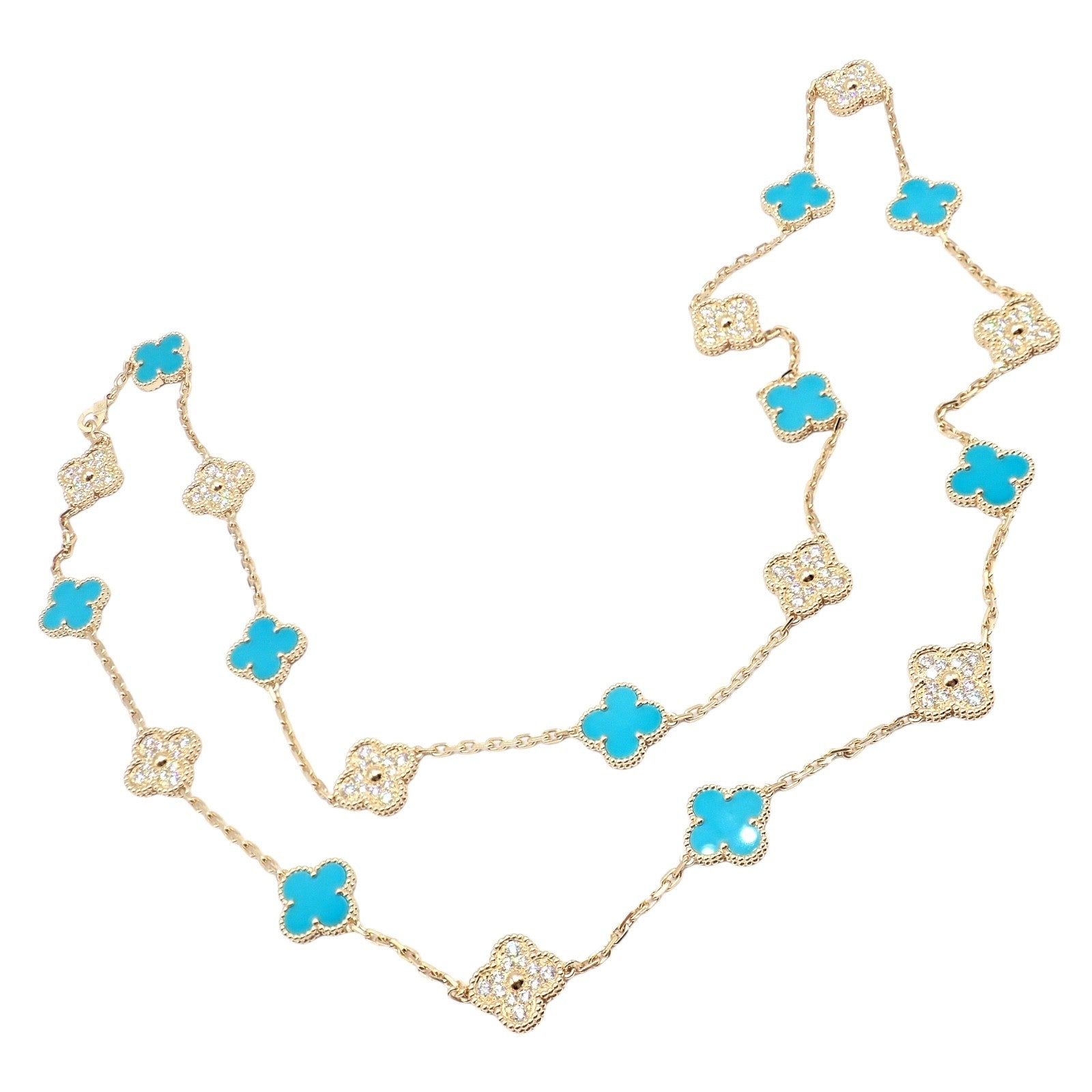Van Cleef & Arpels 18k Yellow Gold 20 Motif Alhambra Diamond Turquoise Necklace | Fortrove