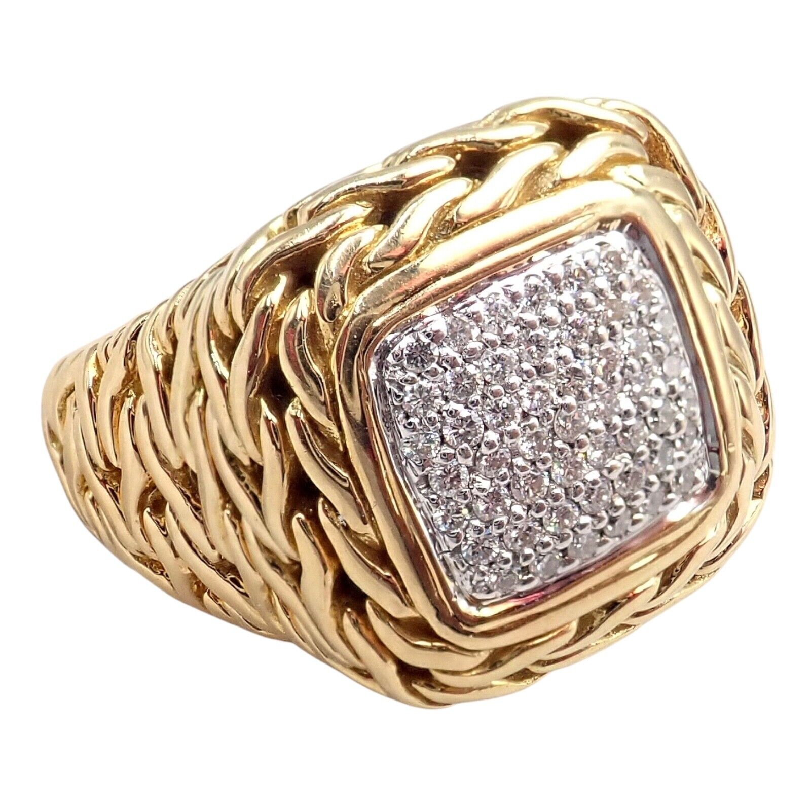 Authentic! John Hardy JH 18k Yellow Gold Diamond Square Signet Signature Ring | Fortrove