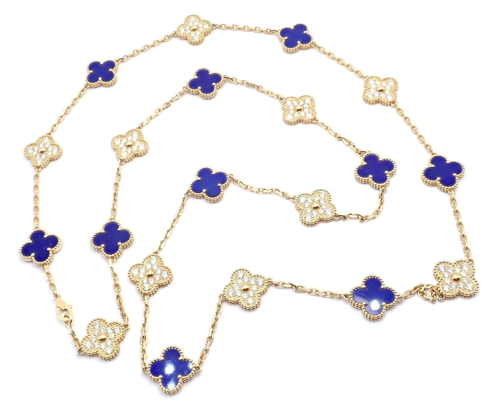 Van Cleef & Arpels Jewelry & Watches:Fine Jewelry:Necklaces & Pendants Van Cleef & Arpels 18k Yellow Gold 20 Motif Alhambra Diamond Lapis Necklace