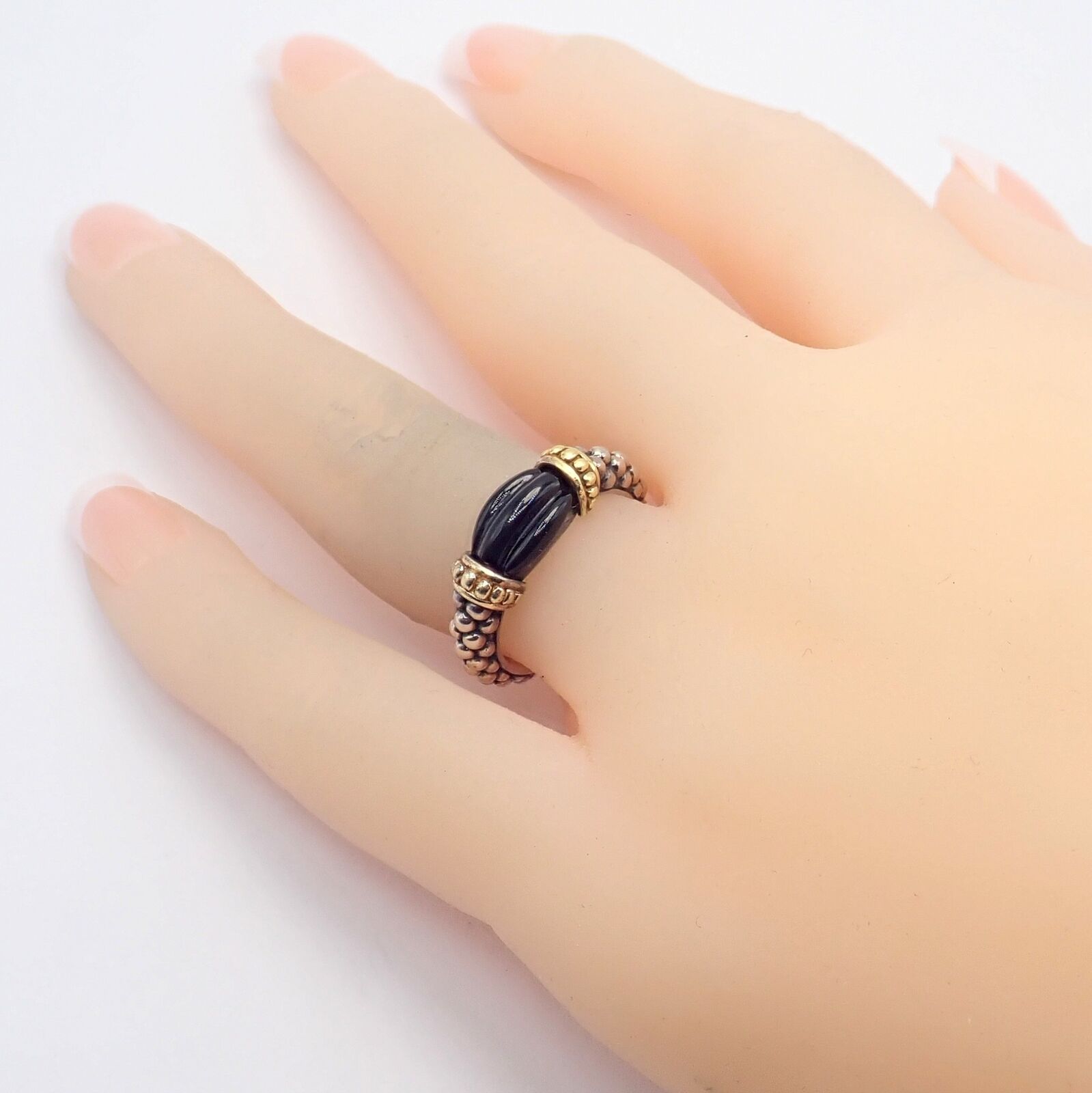 Authentic! Lagos Caviar Silver + 18k Yellow Gold Onyx Ring sz 5.5 | Fortrove