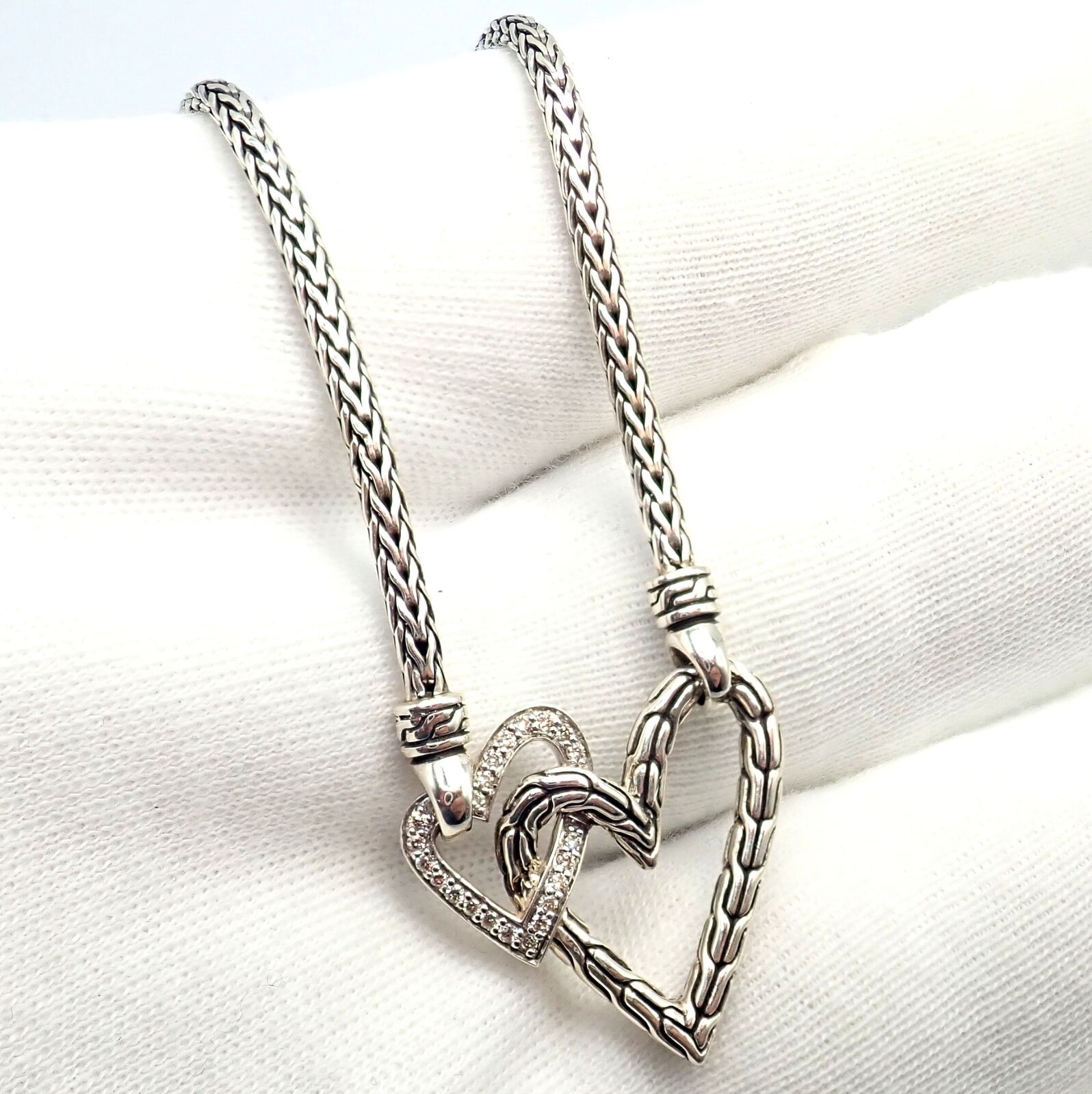 Authentic! John Hardy JH Silver Diamond Double Heart Manah Necklace | Fortrove