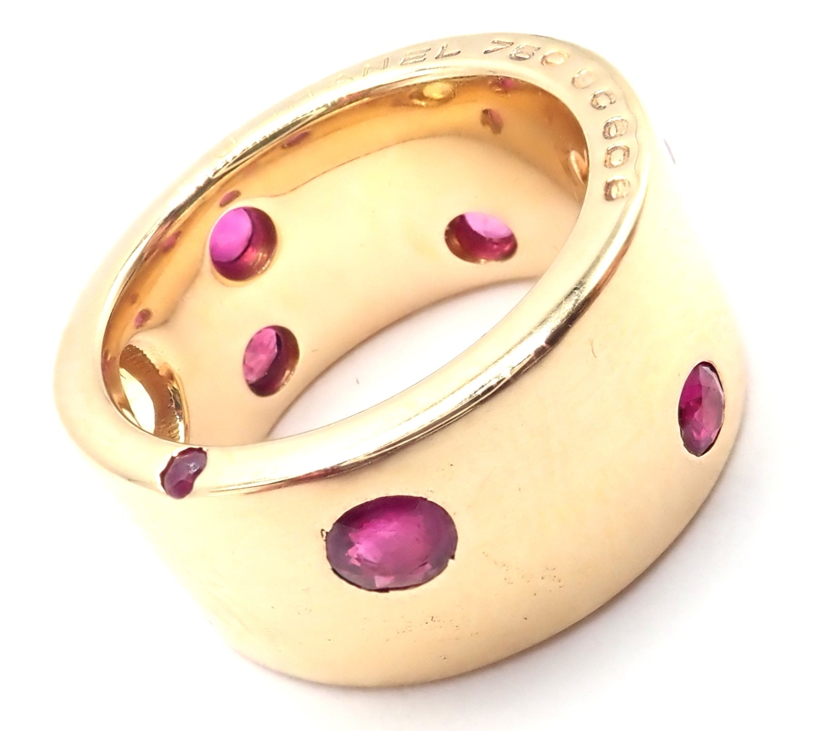 Authentic! Chanel 18k Yellow Gold Ruby Yellow Sapphire Wide Band Ring Size 5 | Fortrove