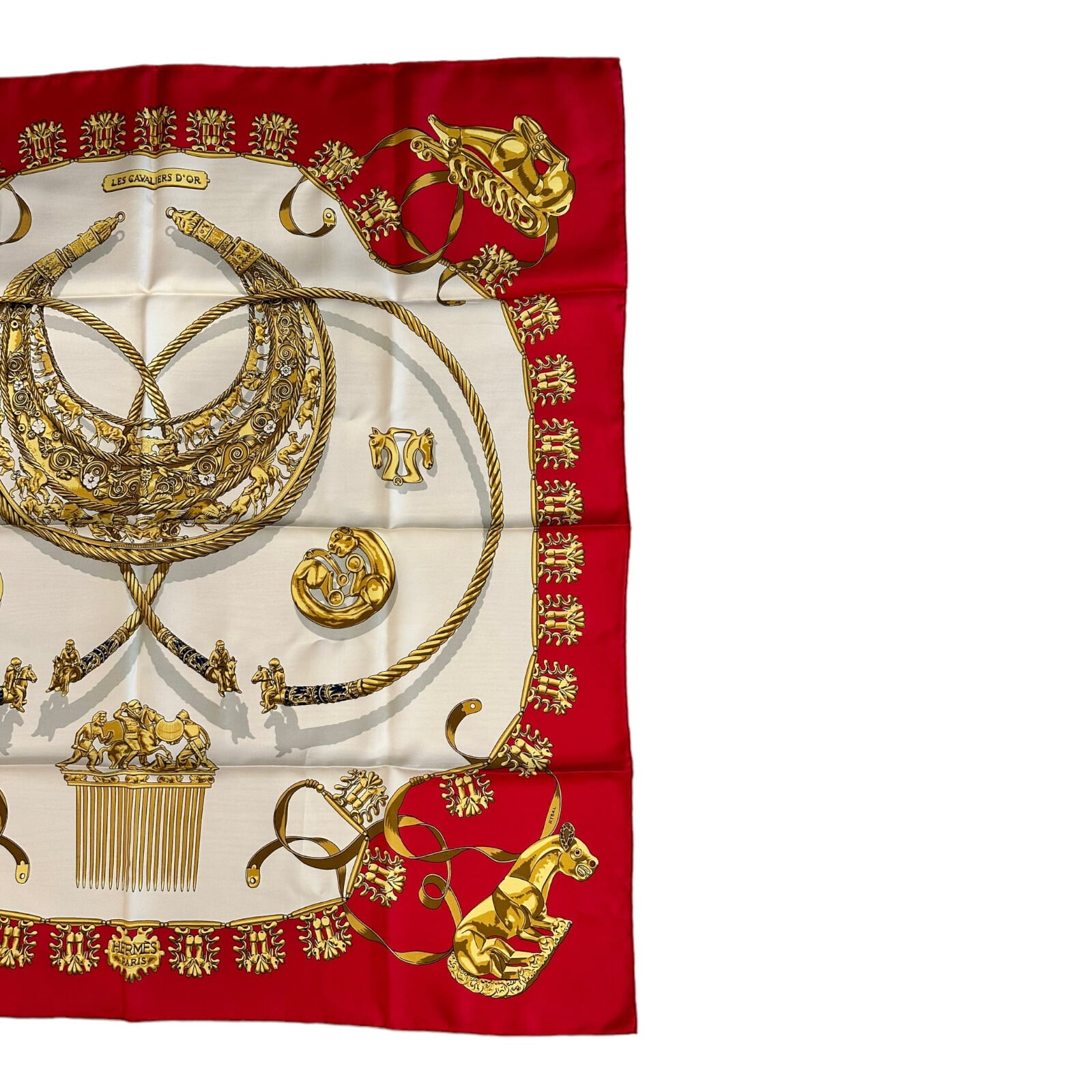 Hermes Clothing, Shoes & Accessories:Women:Women's Accessories:Scarves & Wraps Hermes Carre Les Cavaliers D'Or Golden Horsemen Vintage 90cm Red Silk Scarf