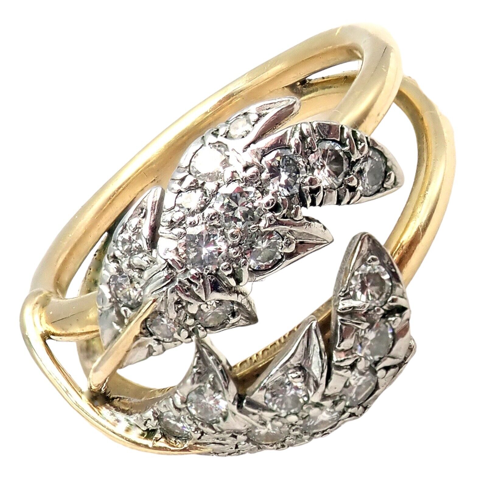 Authentic! Tiffany & Co. Schlumberger Diamond Yellow Gold Platinum Two Leaf Ring | Fortrove