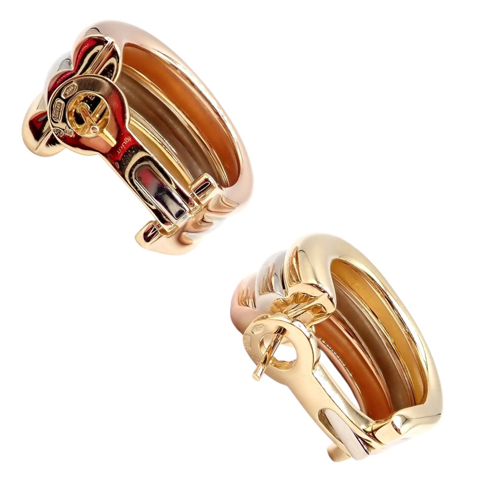 Authentic! Cartier 18k Tri-Color Gold Large Size Trinity Huggie Hoop Earrings | Fortrove