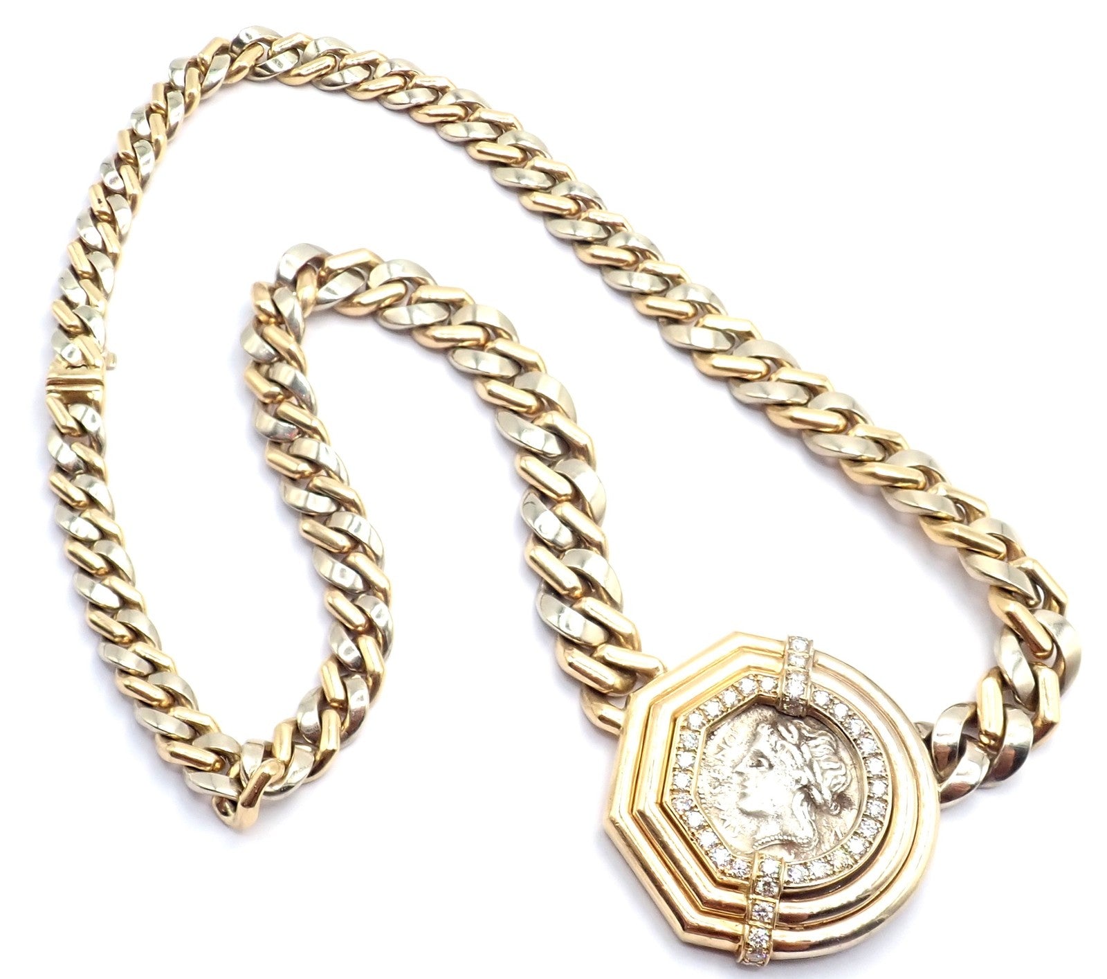 Bvlgari Bulgari 18k Yellow White Gold Diamond Monete Antique Coin Link Necklace | Fortrove