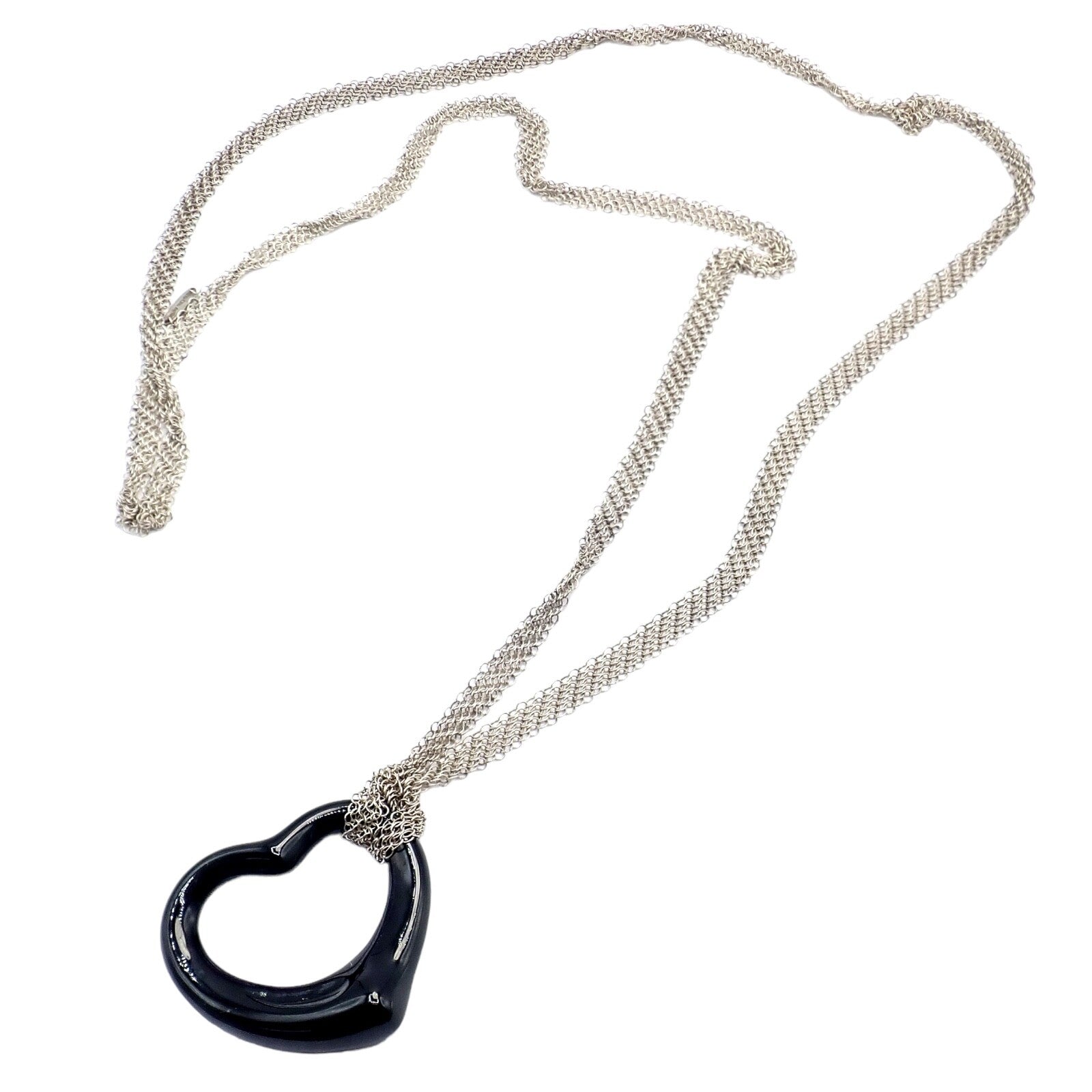 Tiffany & Co. Jewelry & Watches:Fine Jewelry:Necklaces & Pendants Tiffany & Co Silver Peretti 35mm Large Open Onyx Heart Pendant 28" Mesh Necklace
