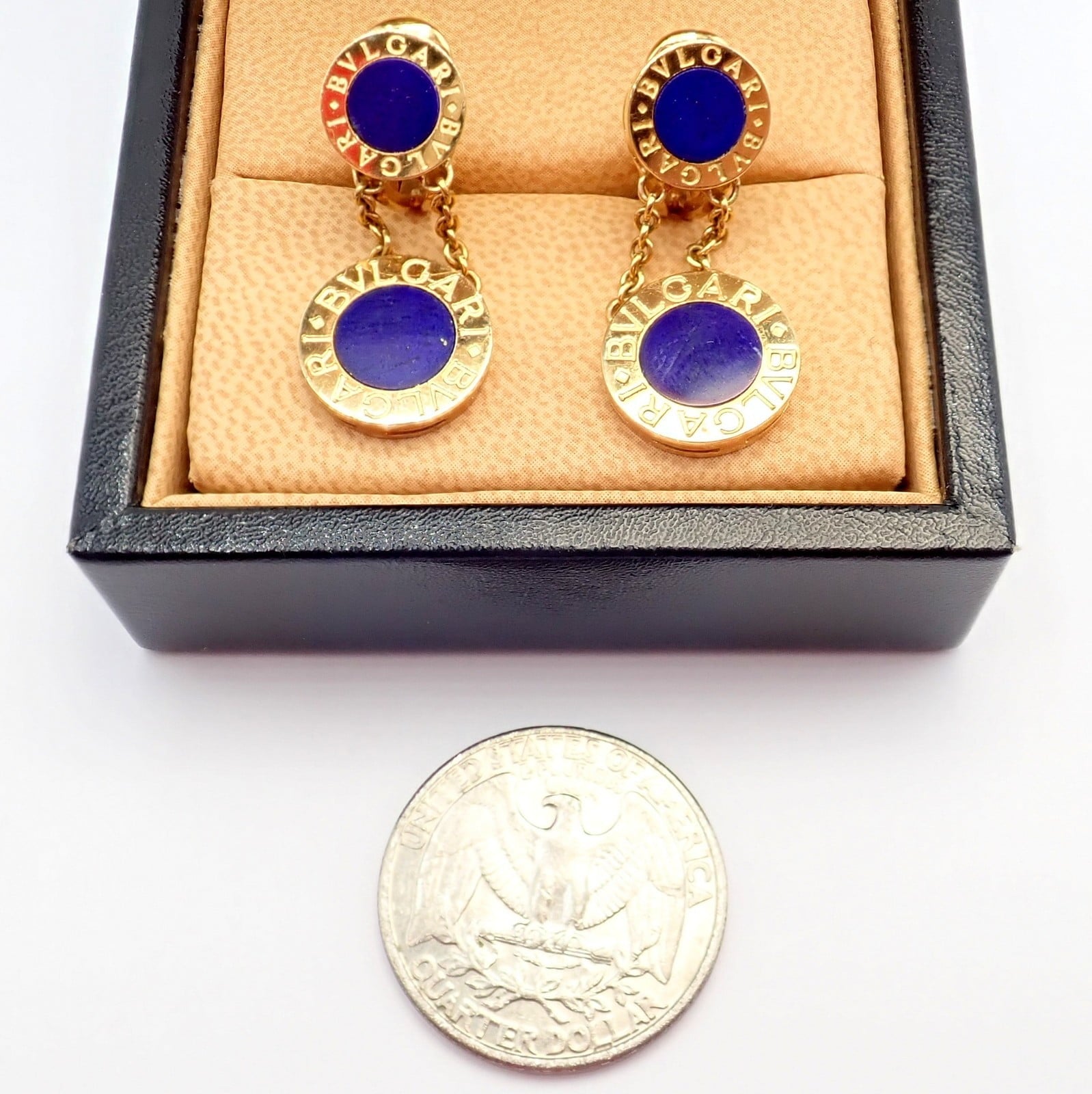 Bulgari Jewelry & Watches:Fine Jewelry:Earrings Rare! Authentic Bvlgari Bulgari 18k Yellow Gold Lapis Disc Double Logo Earrings