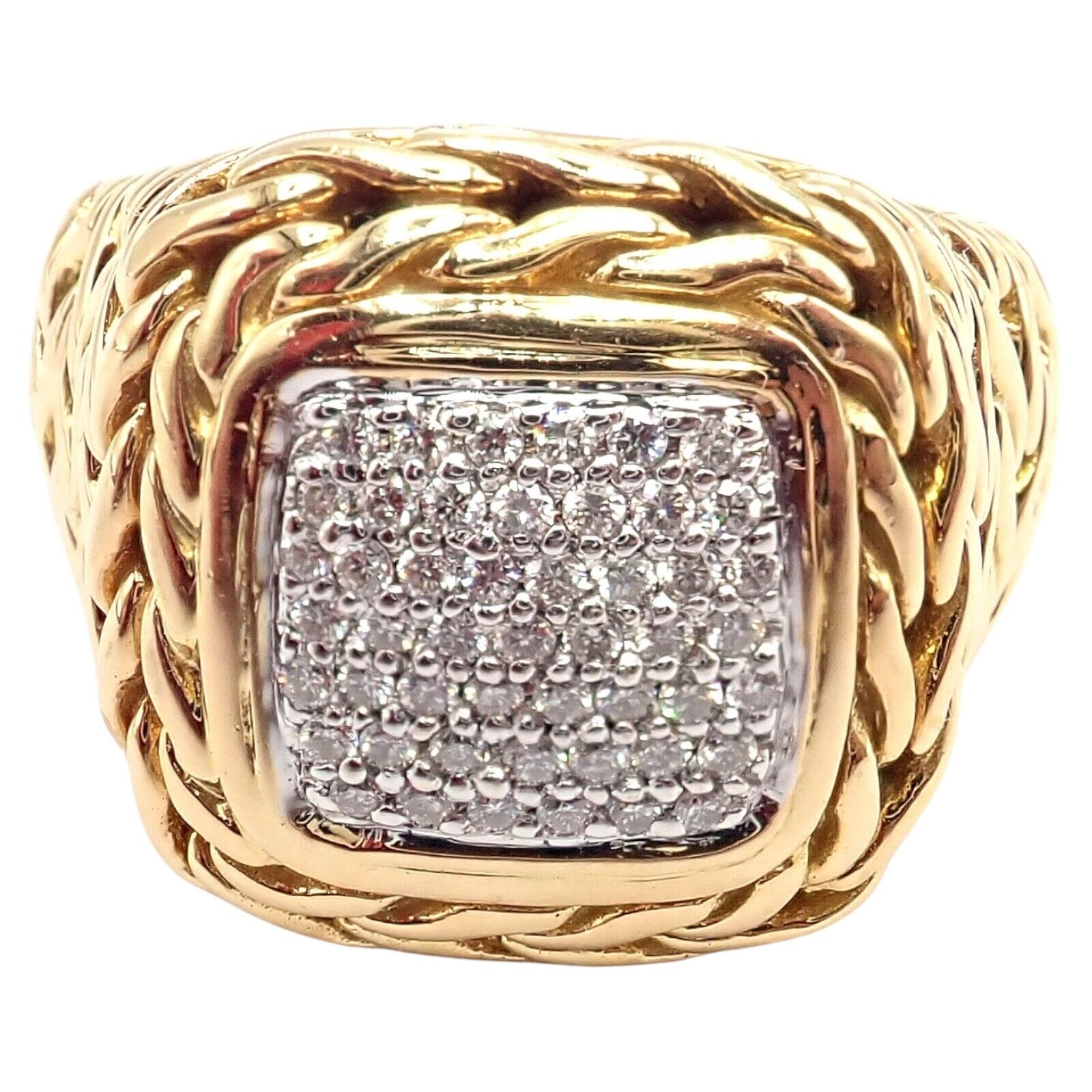 Authentic! John Hardy JH 18k Yellow Gold Diamond Square Signet Signature Ring | Fortrove