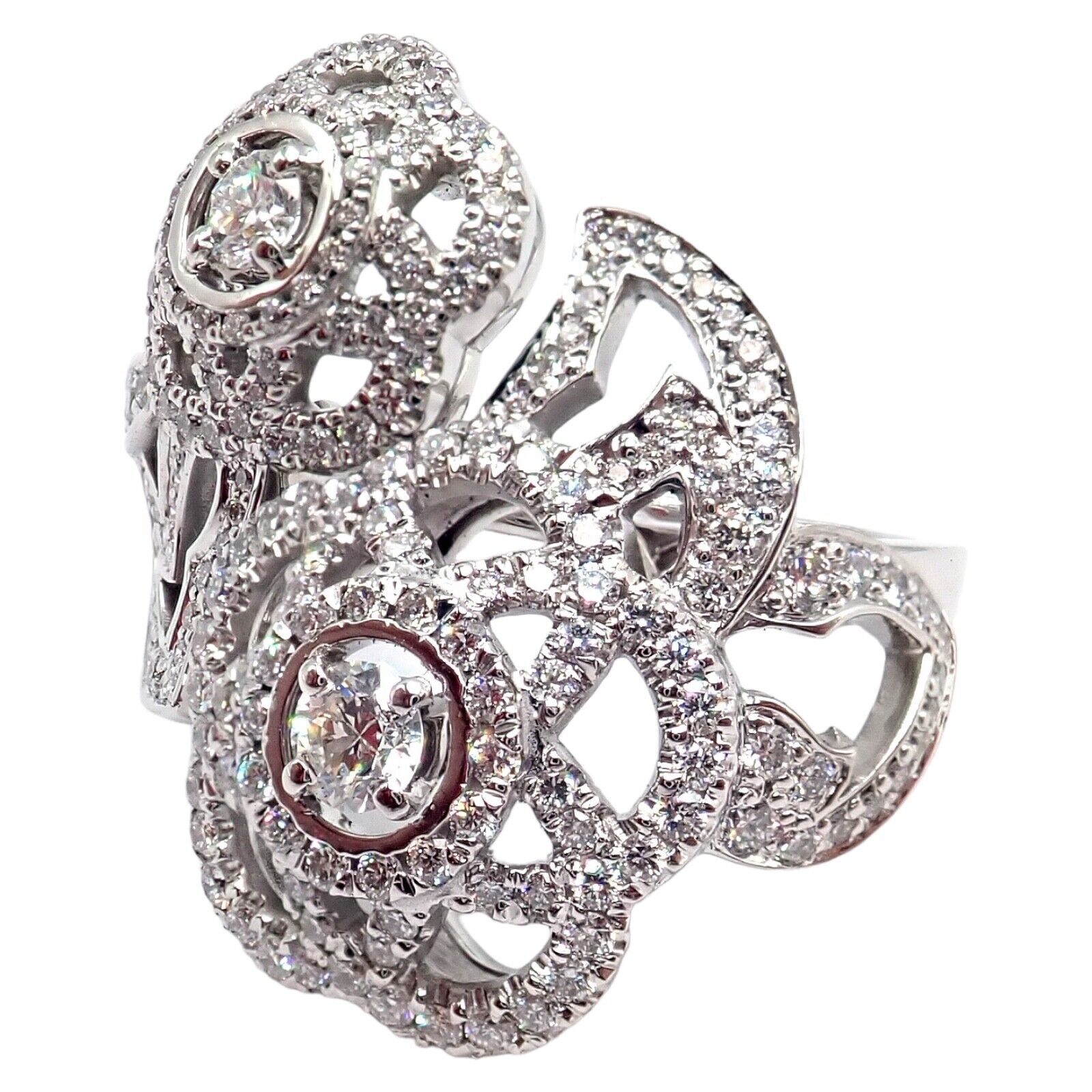 Authentic! Chanel Camellia Two Flower 18k White Gold Diamond