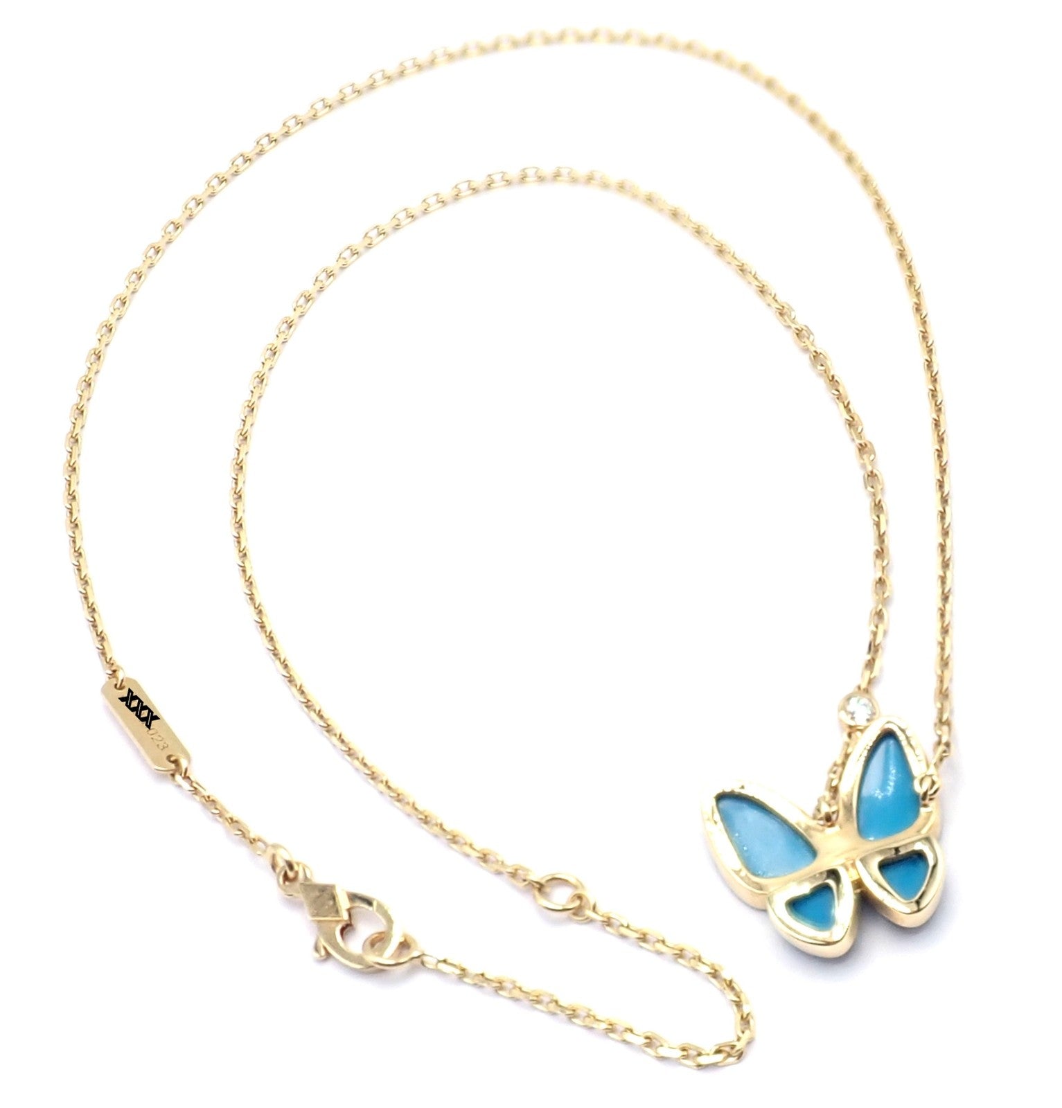 Van Cleef & Arpels 18k Gold Diamond Turquoise Butterfly Pendant Necklace Cert. | Fortrove