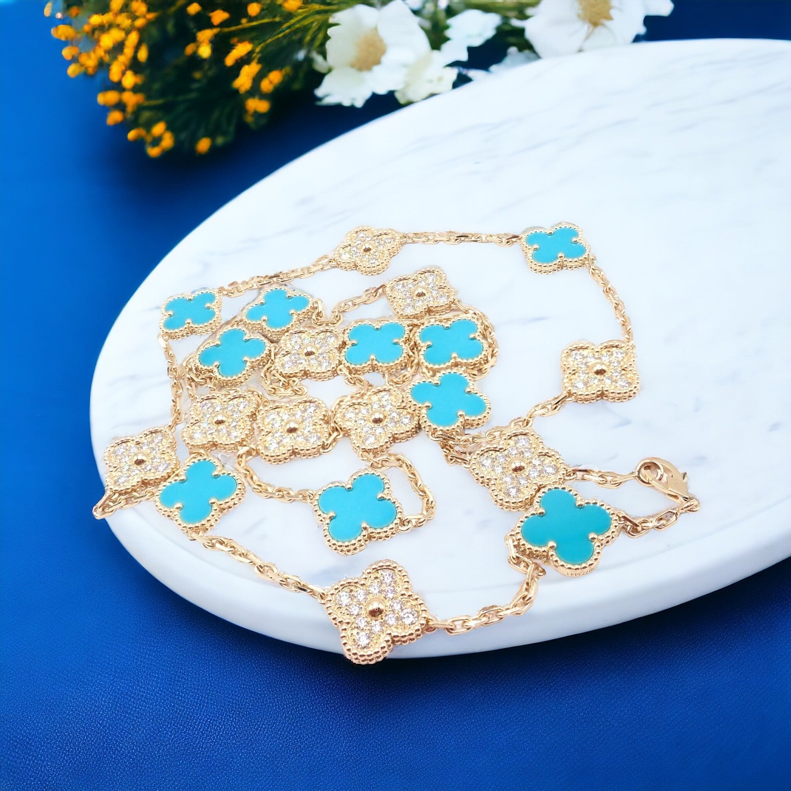 Van Cleef & Arpels 18k Yellow Gold 20 Motif Alhambra Diamond Turquoise Necklace | Fortrove