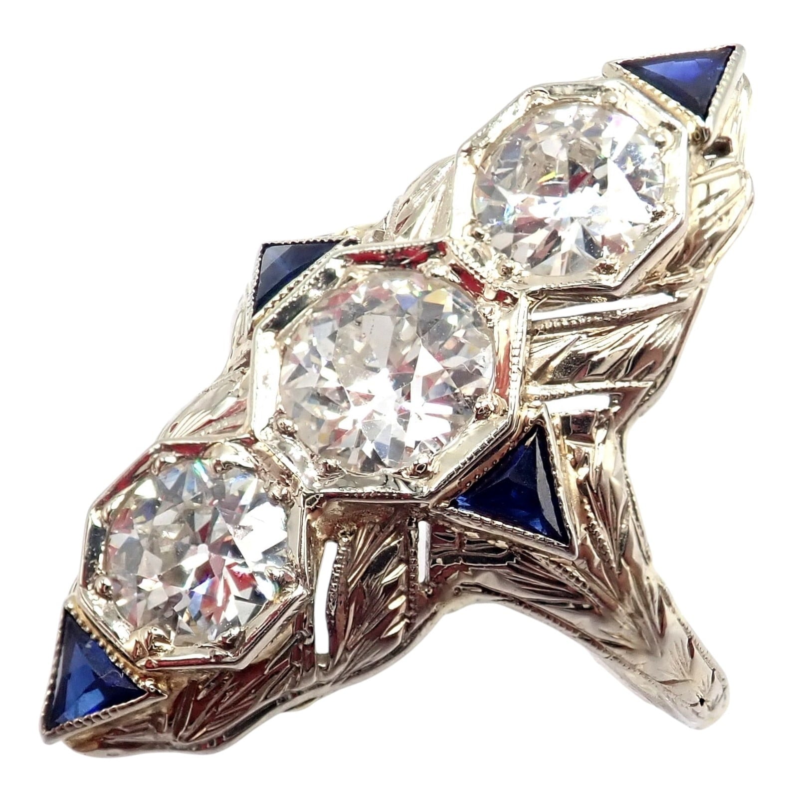 Estate Jewelry & Watches:Vintage & Antique Jewelry:Rings Vintage Estate 20k White Gold Diamond 2ctw Sapphire Art Deco Ring sz 7