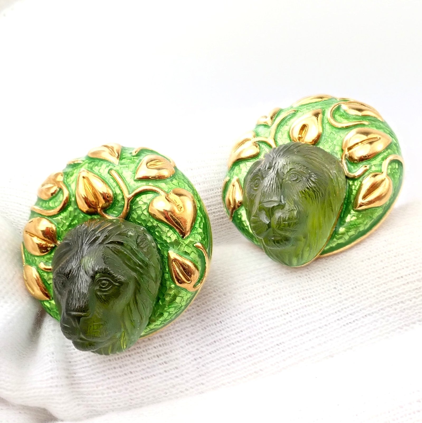 Elizabeth Gage 18k Yellow Gold Carved Green Tourmaline Enamel Lion Earrings | Fortrove