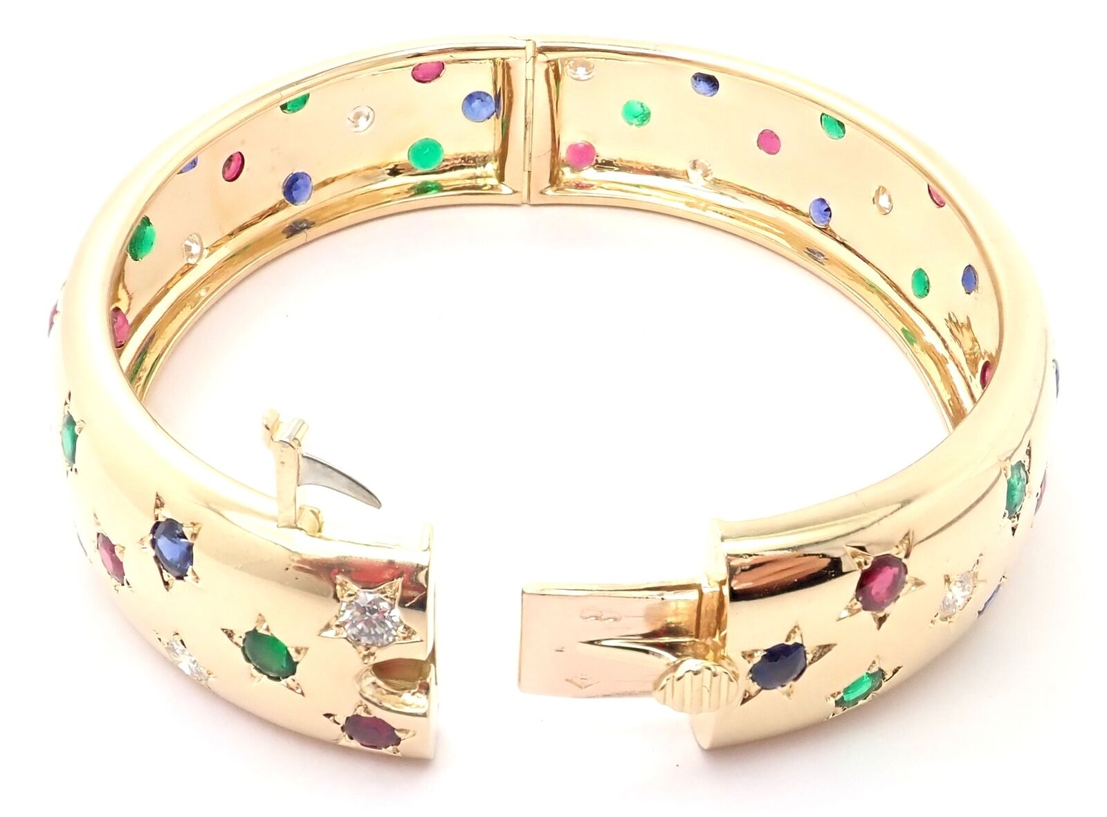 Cartier Star 18k Yellow Gold Diamond Ruby Emerald Sapphire Bangle Bracelet Cert. | Fortrove