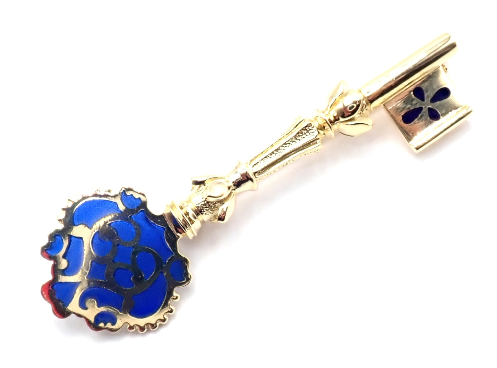 Rare! Authentic Vintage Mikimoto 18k Yellow Gold Key Blue Enamel Brooch Pin | Fortrove