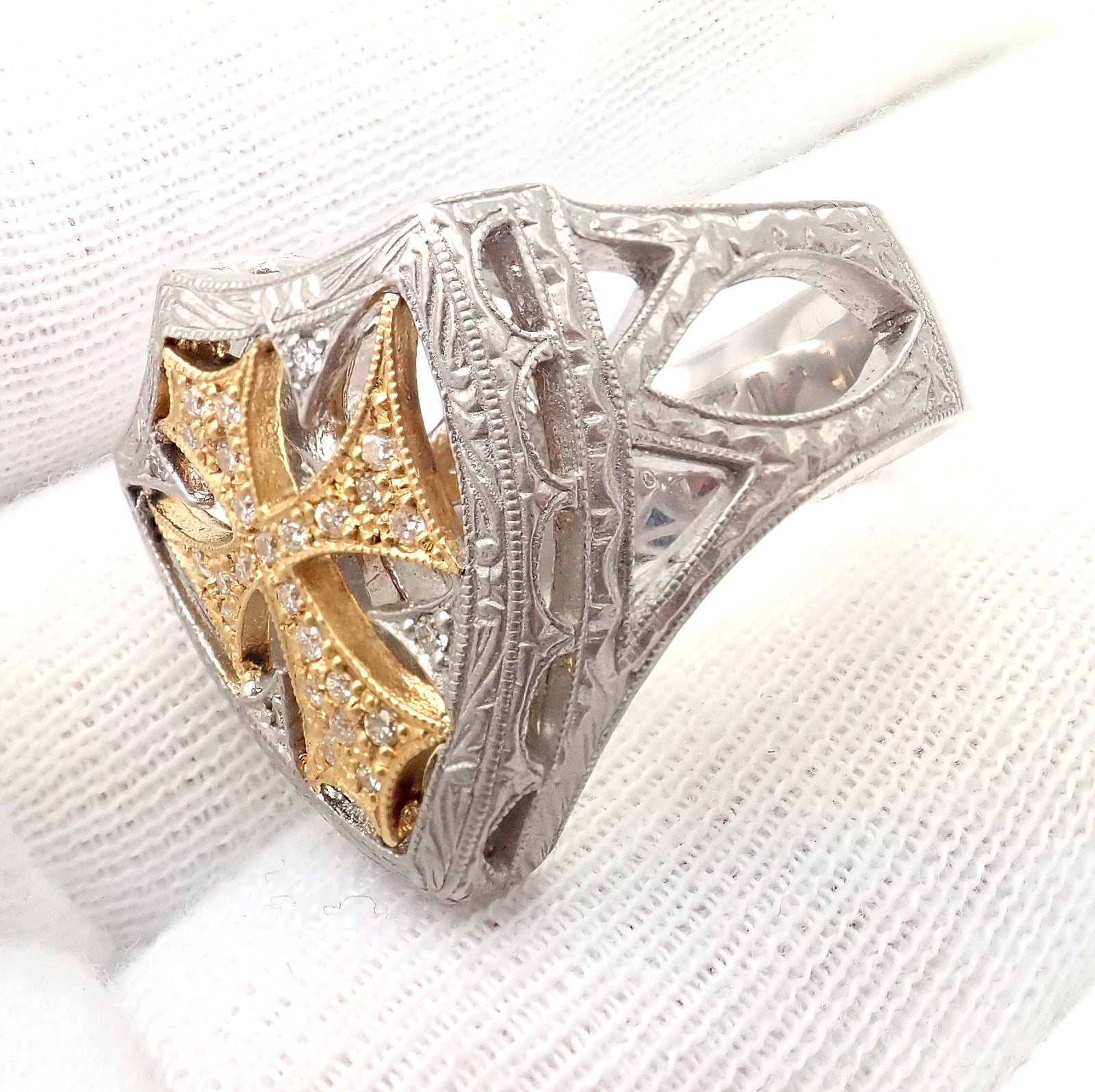 Authentic Loree Rodkin 18k White Yellow Gold Diamond Cross Shield Crest Ring | Fortrove
