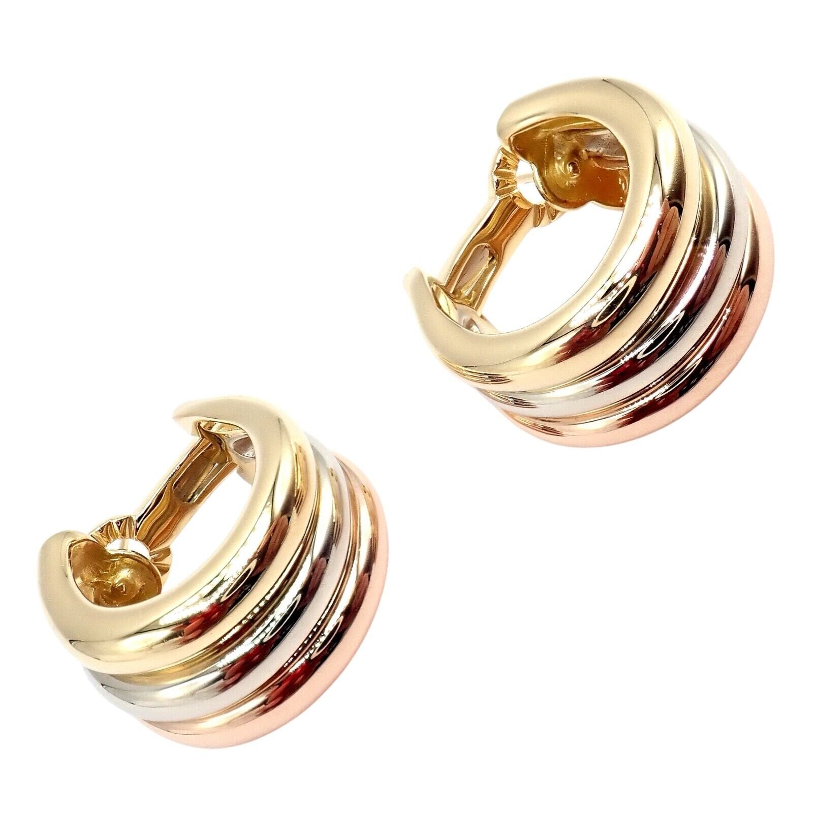 Authentic! Cartier 18k Tri-Color Gold Large Size Trinity Huggie Hoop Earrings | Fortrove