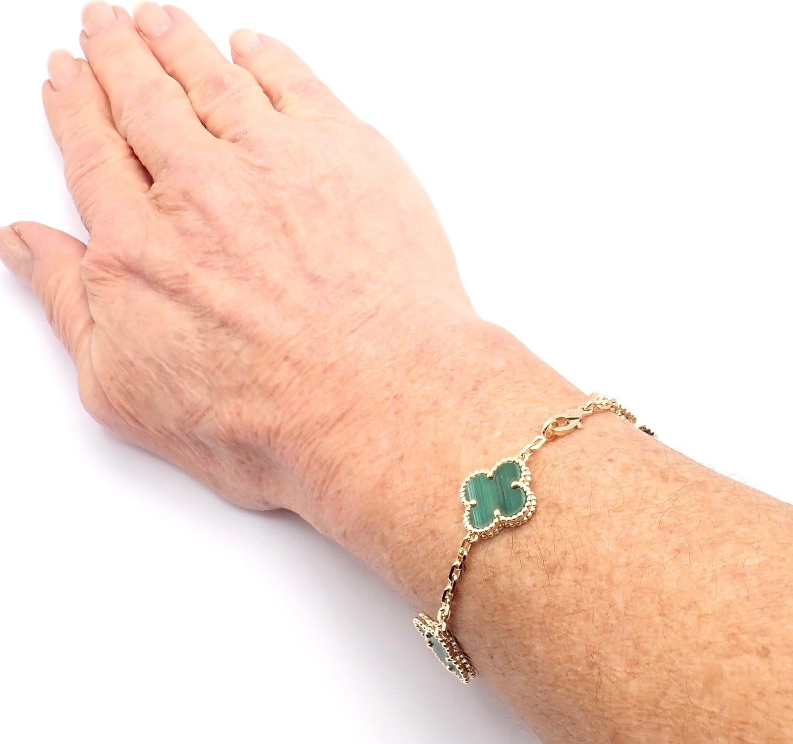 Authentic! Van Cleef & Arpels 18k Gold 5 Motif Malachite Alhambra