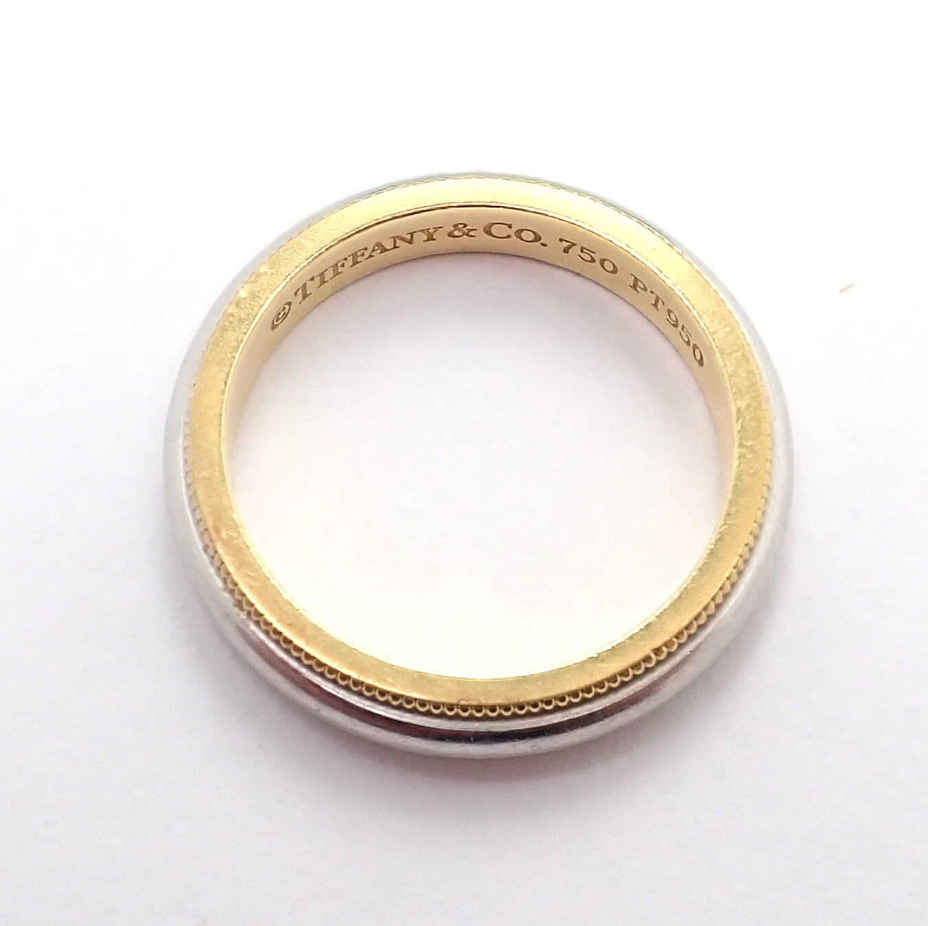 Tiffany & Co. 18k Yellow Gold Platinum 4mm Band Classic Milgrain Ring Sz 5 | Fortrove
